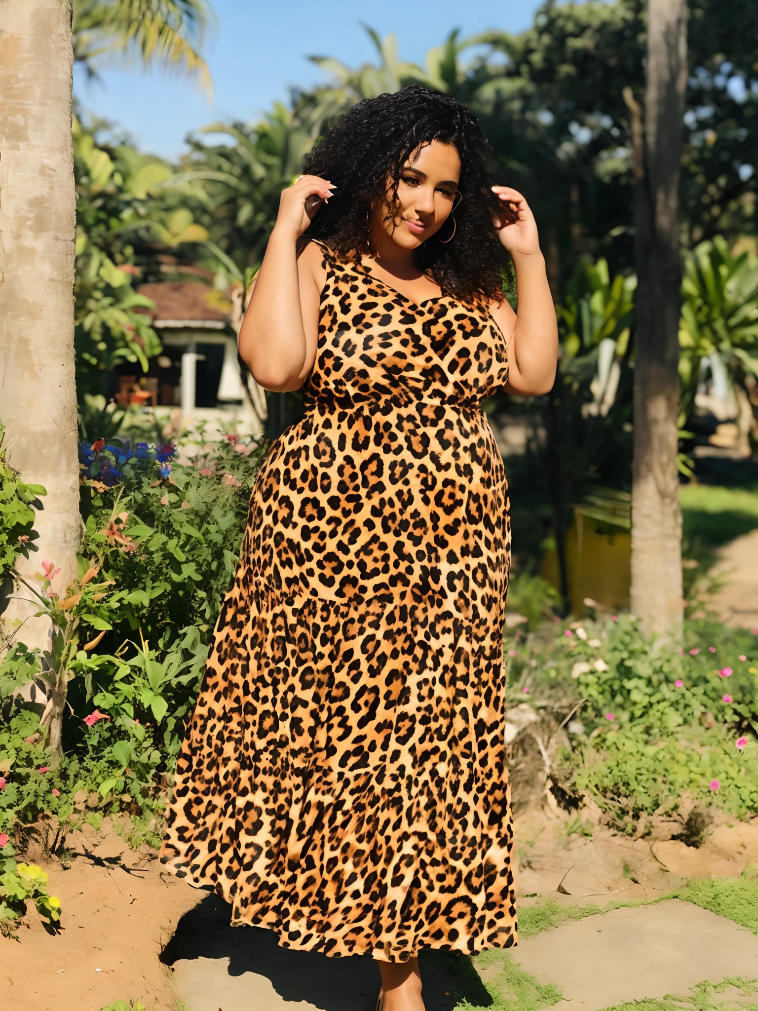 Araffe woman in a leopard print dress standing in a garden, vestido de selva, plus size, mulher plus size, full-length view, comprimento de corpo inteiro, plus size, standing in the savannah, corpo inteiro, tiro de corpo inteiro!!, figura completa, standing near the beach, tiro de corpo inteiro, lindo dia ensolarado, tiro de corpo inteiro, retrato completo