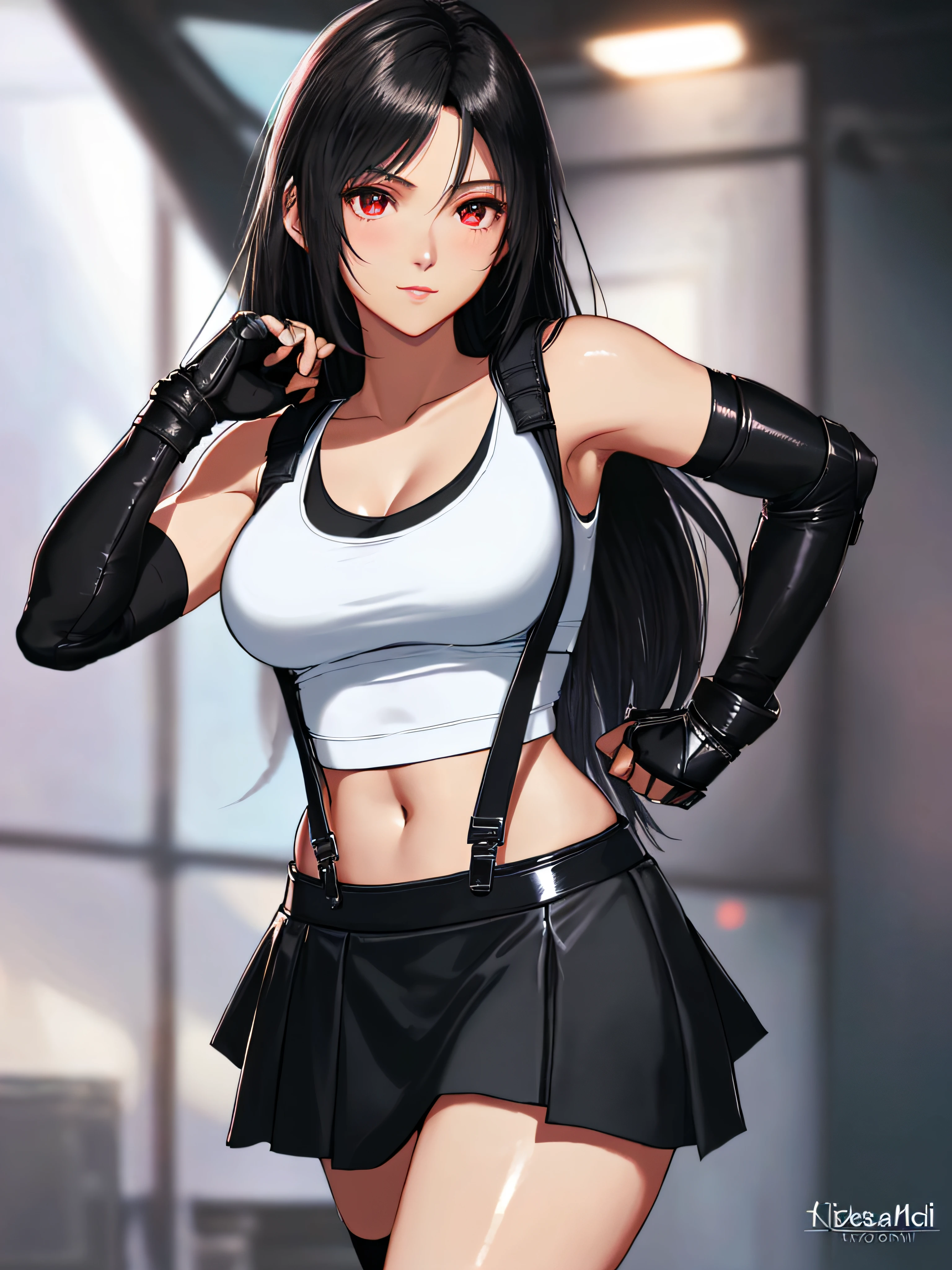 8k,masterpiece, bset quality,big, (1 girl), tifa lockhart, red_eyes, black hair, long hair, professional lighting, (shiny skin: 1.2), shiny big, ((best quality)), sharp focus: 1.2, highly detailed face and skin texture, detailed eyes, perfect face, perfect body, blur art, cg, backgroundBig breasts, presence (20yo, mature cool and beautiful face), wearing (((suspender black skirt), black elbow gloves, white taut shirt, thigh, white tank top), blush, (mittgal), random pose, flirting,