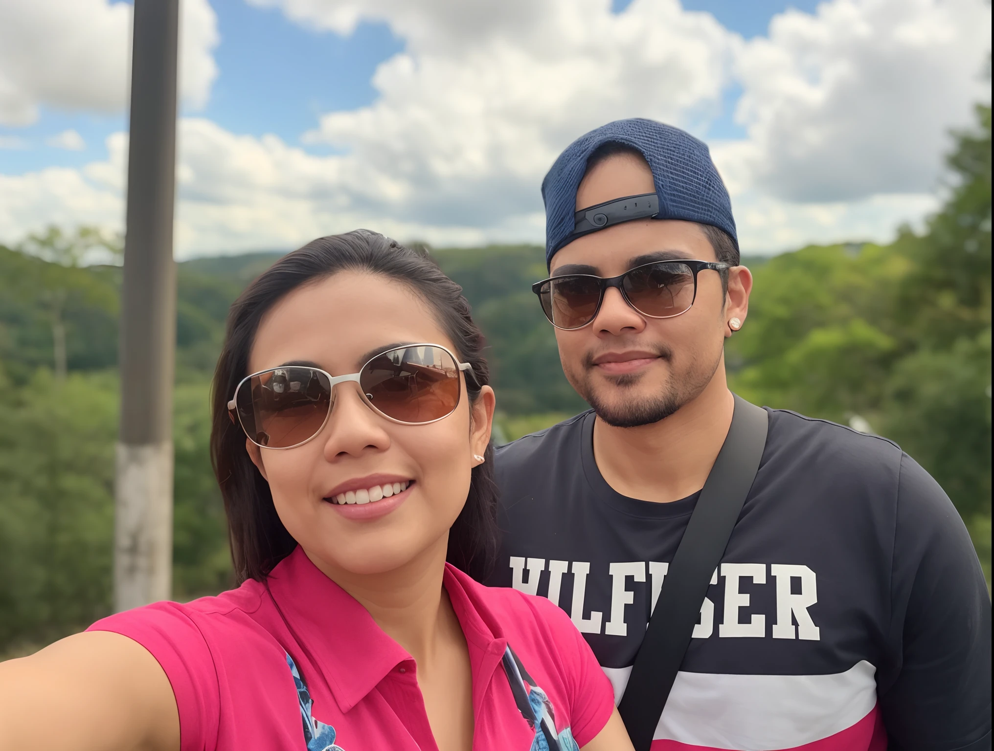 there is a man and a woman taking a selfie together, vacation photo, no parque em um belo dia, tirada em silver dollar city, instagram post, Tyler Edlin e Natasha Tan, em uma ponte, lindo dia ensolarado, em um dia ensolarado, com montanhas como pano de fundo, Parque em segundo plano, em um dia brilhante, em tempo ensolarado, divertindo-se