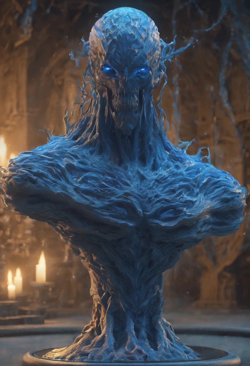 Crie um, best quality, High-resolution masterpiece depicting an umbral elemental with an inhumanoid figure infiltrating with perfect shadows of blue energy, sombreamento de alta qualidade, fotorrealista,