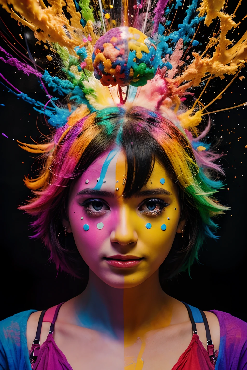 Make an abstract art of a person with a brain exploding in a colorful way