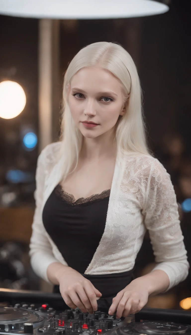 make a wonderful 20 year old albino girl in night clothes working as a Dj at night, with a brown birthmar k in your arm like 2 stars one bigger and one smaller. she is attractive. have a long hair. wearing a gray knit tank top with a black lace bra peeking out from underneath