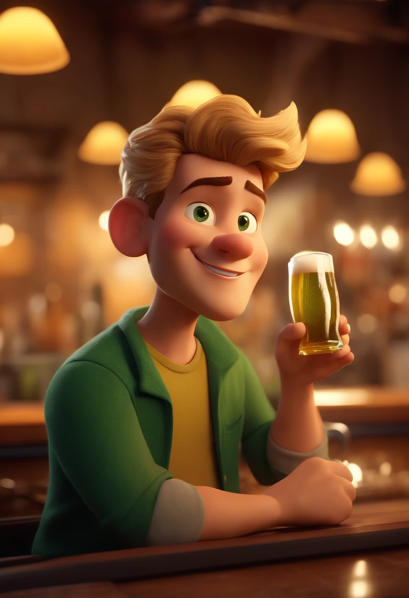 cartoon character of a young man, with short blond hair, small beard, green eyes, green t-shirt, pouring a glass of beer, behind a counter in an Irish-style bar with yellowish lights, animation character, stylized character , animation style rendering, 3d stylized , Arnold Maya rendering, 3d stylized rendering, toon keyshot rendering, 3d character, 3d character, stylized 3d rendering, 3d character rendering, cartoon character,0 Character Pose, ( Pixar style) (masterpiece: 1.2 ) (Bokeh) (best quality) (detailed skin) (detailed texture) (8k) (clay) (Yellowish cinematic lighting) (sharp focus, Pixar Disney style.