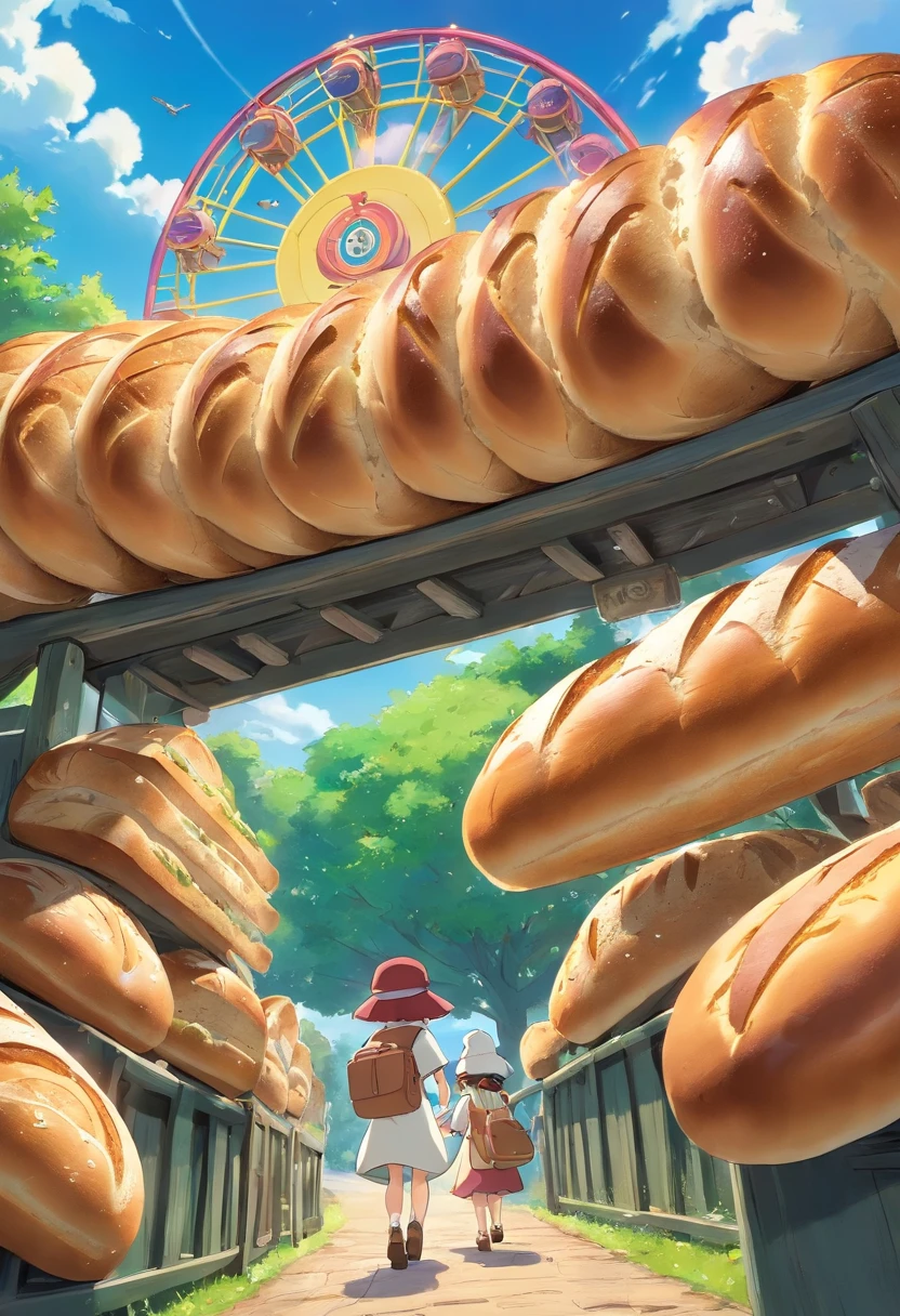 Arriving in a country made of bread、A train made of bread、There is a faucet on the bread tree.、You can freely add cream and chocolate.、The Ferris wheel is also made of bread and there is a restaurant inside、There are all kinds of animals.、Happily eating bread、It's the middle of the night, but it's a glittering scene、There are various playground equipment, and everything is bread、top-quality、masterpiece