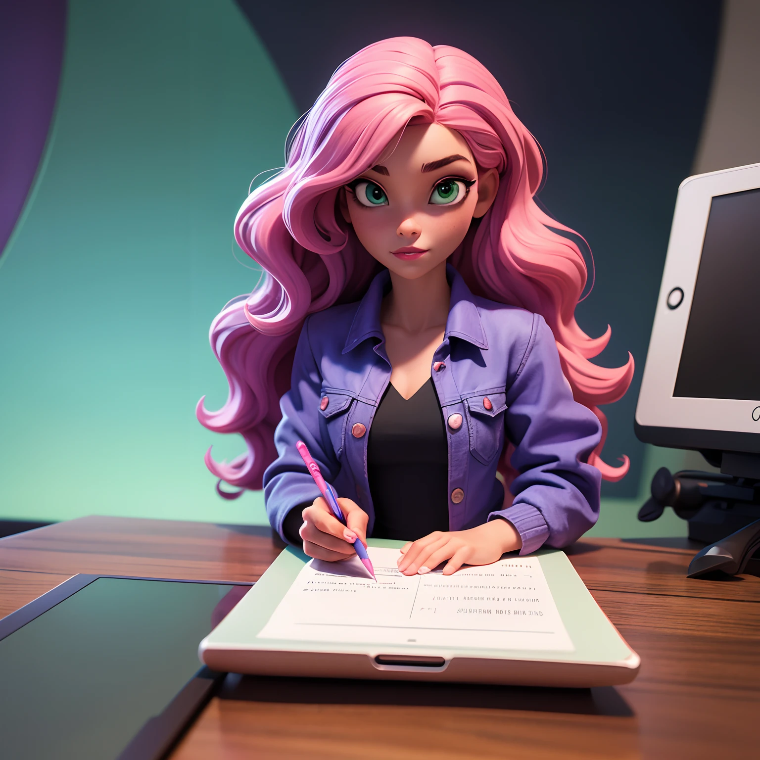 Pixar style, 3D, dark skin, girl with wavy straight hair, long red hair with pink streaks, green eyes, wearing a black blouse and pastel purple denim jacket, sitting at the desk, holding a tablet and a touch pen, home office setting modern and colorful.