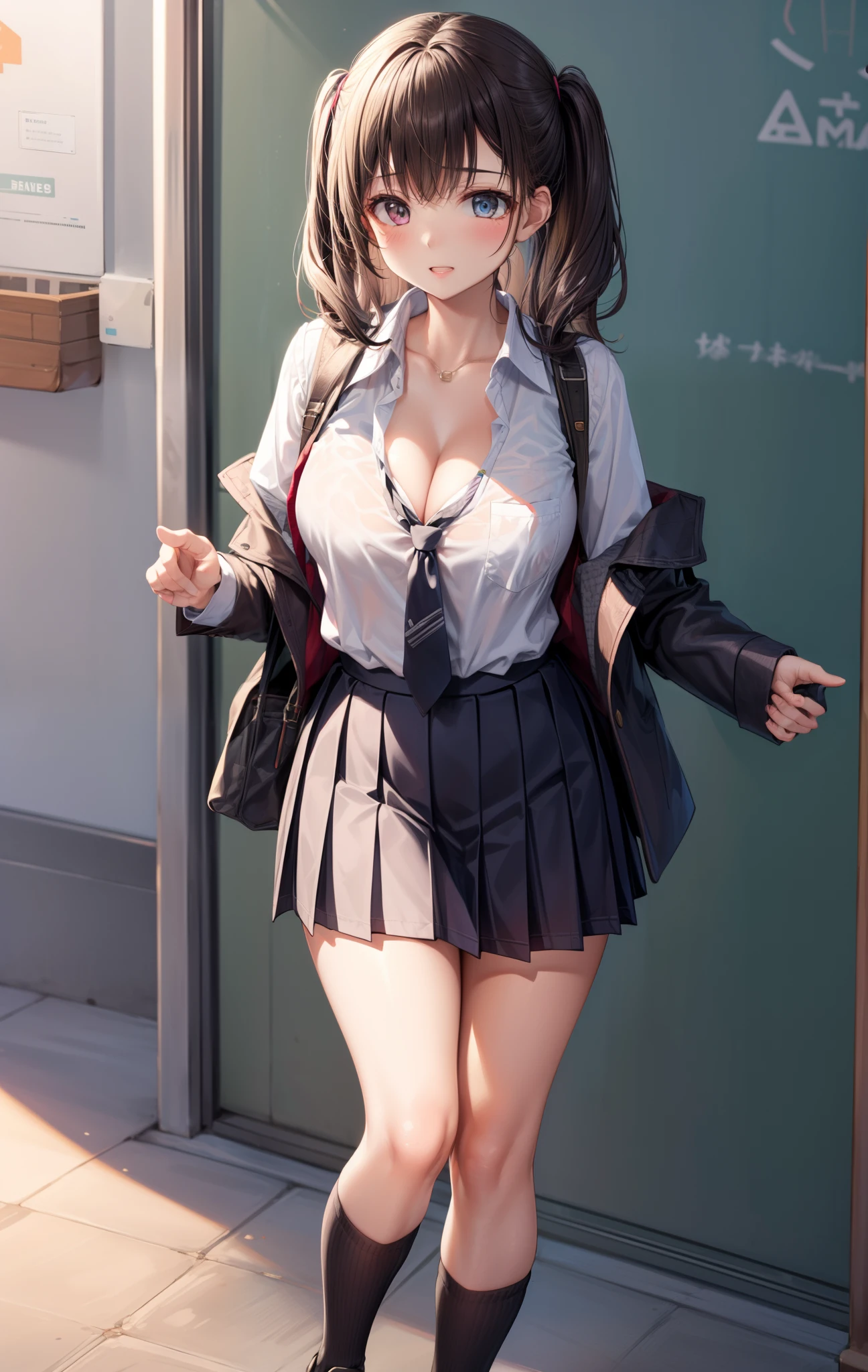 black necktie, Long sleeves, Pleated skirt, School uniform, Shirt, Skirt, sleeves rolled up, White shirt, cleavage,