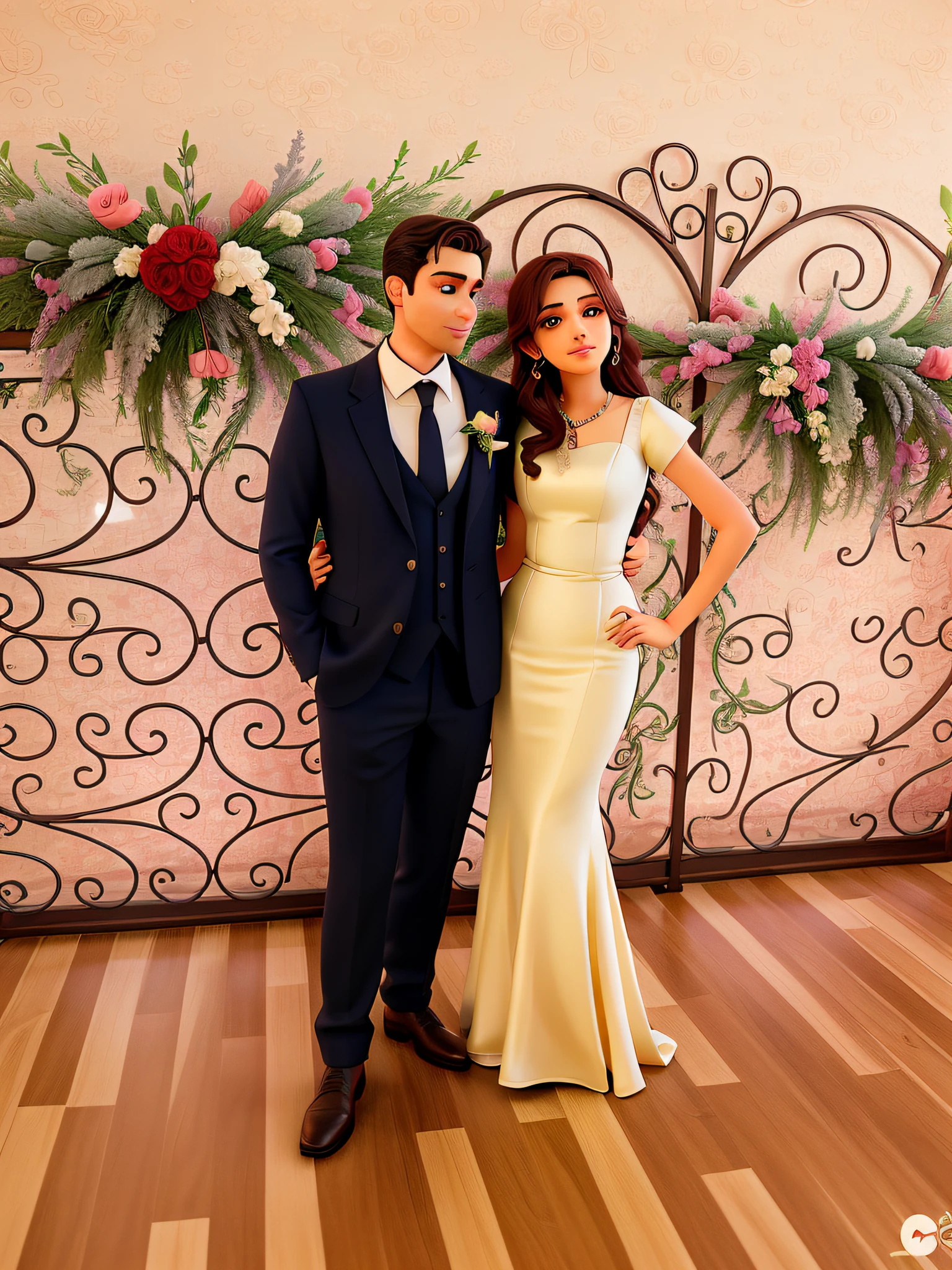 Um casal em um casamento, o homem admirando a mulher