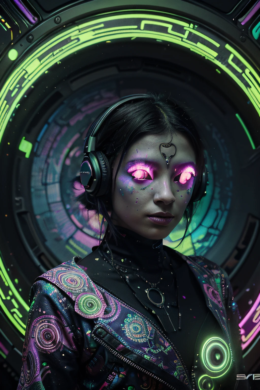 Papel de parede Alien cyborgue Psy Trance com fones de ouvido, Stimulus to Art, cores vibrantes, Detailed alien creature, Swirling psychedelic patterns, neon lights, atmosfera estranha, Estilo de Arte Digital, 8K resolution