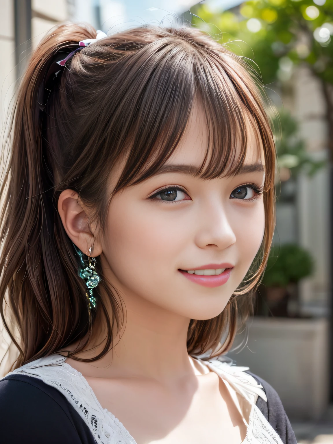 (Top image quality,4K,8K,Hi-Res,masuter piece:1.2),Ultra-fine,(realisitic,photoRealstic,Photorealsitic:1.37),portlate,illustratio,Clear background,Hair details,Face Details,Details,A smile,Beautiful facial features,cute little、poneyTail,Brown hair,blue eyess,Large ribbon,vivd colour,Soft lighting