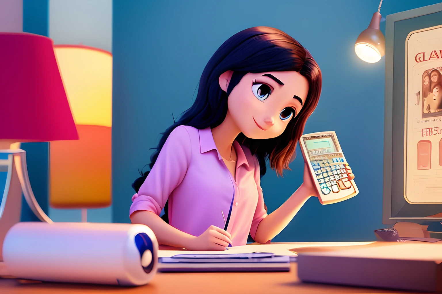 Disney Pixar movie poster with the title: Anna, a girl with straight black hair, brown eyes with blush and a white blouse and pink pants, holding a calculator and jesus behind. A cena deve ser estilo Pixar 3D,com cores