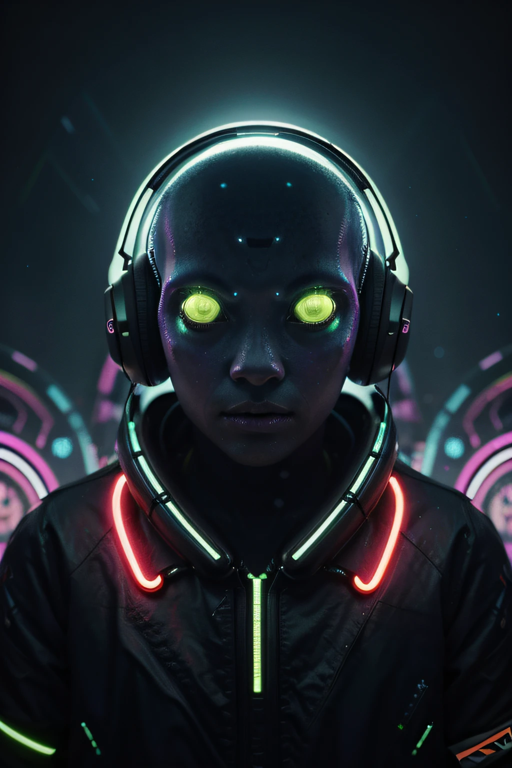 Papel de parede Alien cyborgue Psy Trance com fones de ouvido, Stimulus to Art, cores vibrantes, Detailed alien creature, Swirling psychedelic patterns, neon lights, atmosfera estranha, Estilo de Arte Digital, 8K resolution