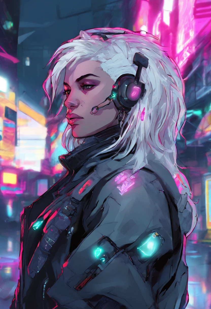 1 male, white hair, male with female features , netrunner