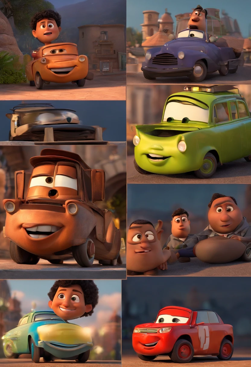 A city councilman looking at a dream project inspired by Pixar animation, de perto. The character takes center stage with captivating facial expressions, oferecendo um toque de irrealidade. (Homem negro de cabelo curto) Pelé Moreno ,(com barca cheia,) olhos castanhos escuros. Com fundo de carro em 3D Pixar com muito alta qualidade e nitidez. 33 years old He is a ride-hailing driver. Tudo com muita qualidade Pixar Disney.