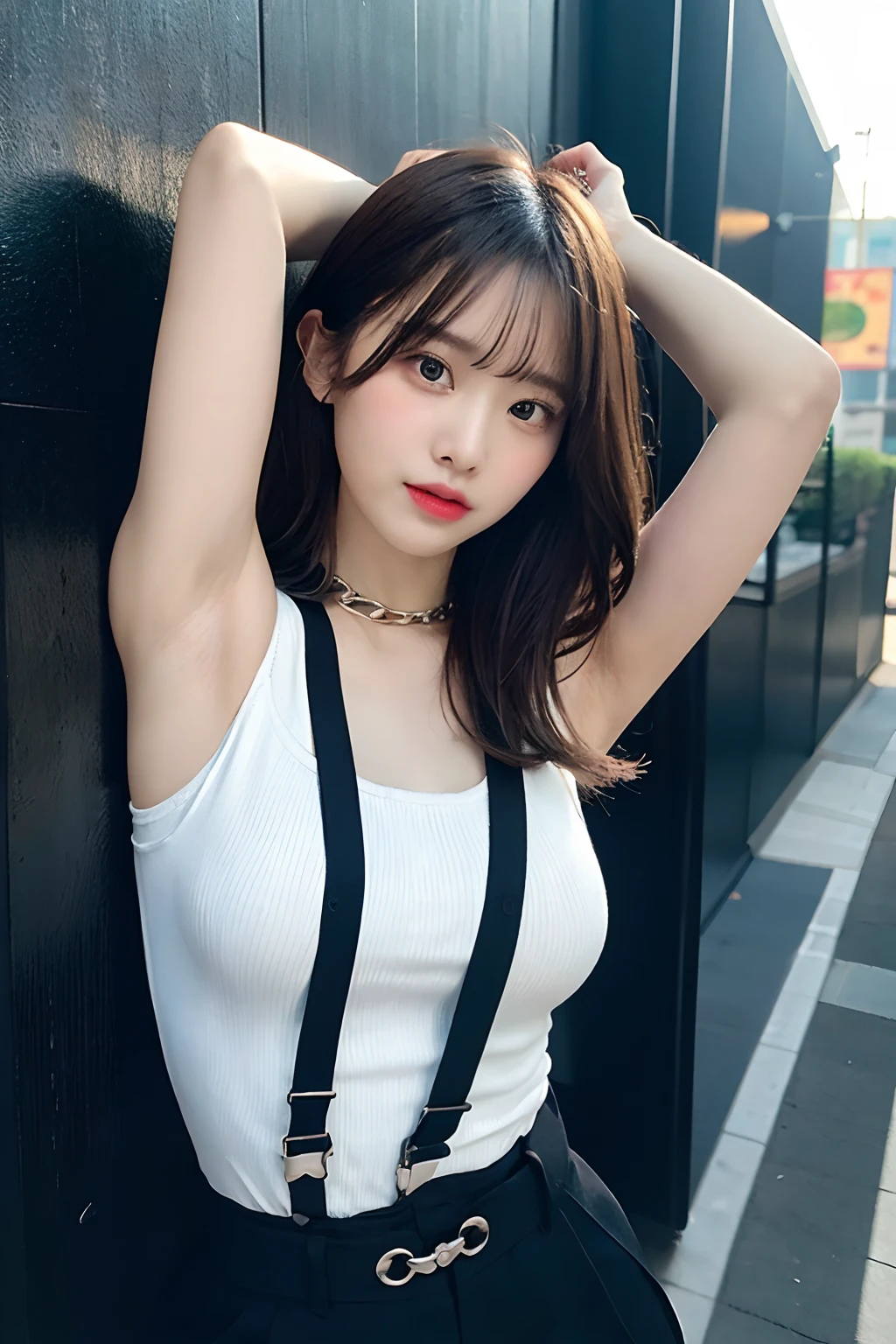 masterpiece、flat-colors、depth of fields、lens flare 1 girl、、Brown hair、watching at viewers black suspenders bulging big breasts Armpit sweat perspiring Side of both hands walls: Black pants, Black Suit Chain arma Gaze Small face Bangs Upper Eyes flank Colorcon Cutter shirt holster chain a belt