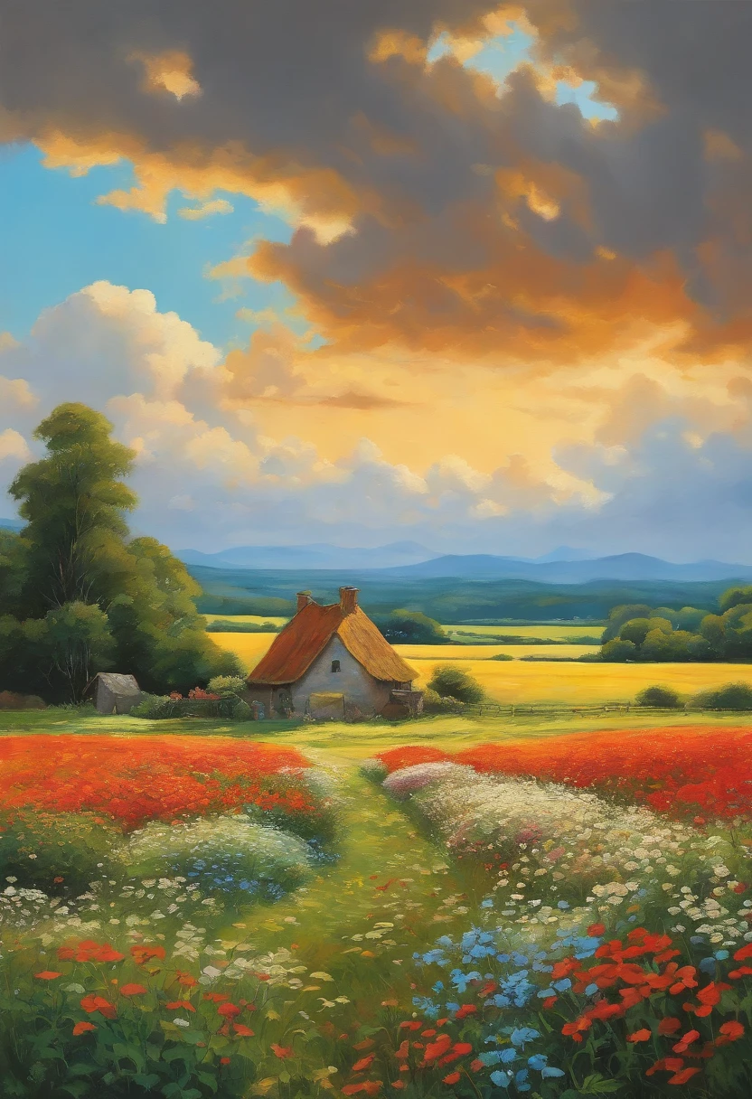 Realistic, Authentic, beautiful and amazing landscape oil painting Studio Ghibli Hayao Miyazaki's petal pasture with blue sky and white clouds