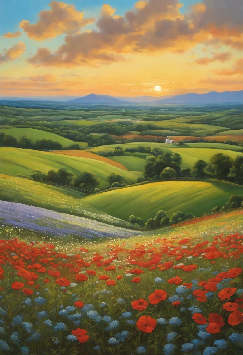 Realistic, Authentic, beautiful and amazing landscape oil painting Studio Ghibli Hayao Miyazaki's petal pasture with blue sky and white clouds