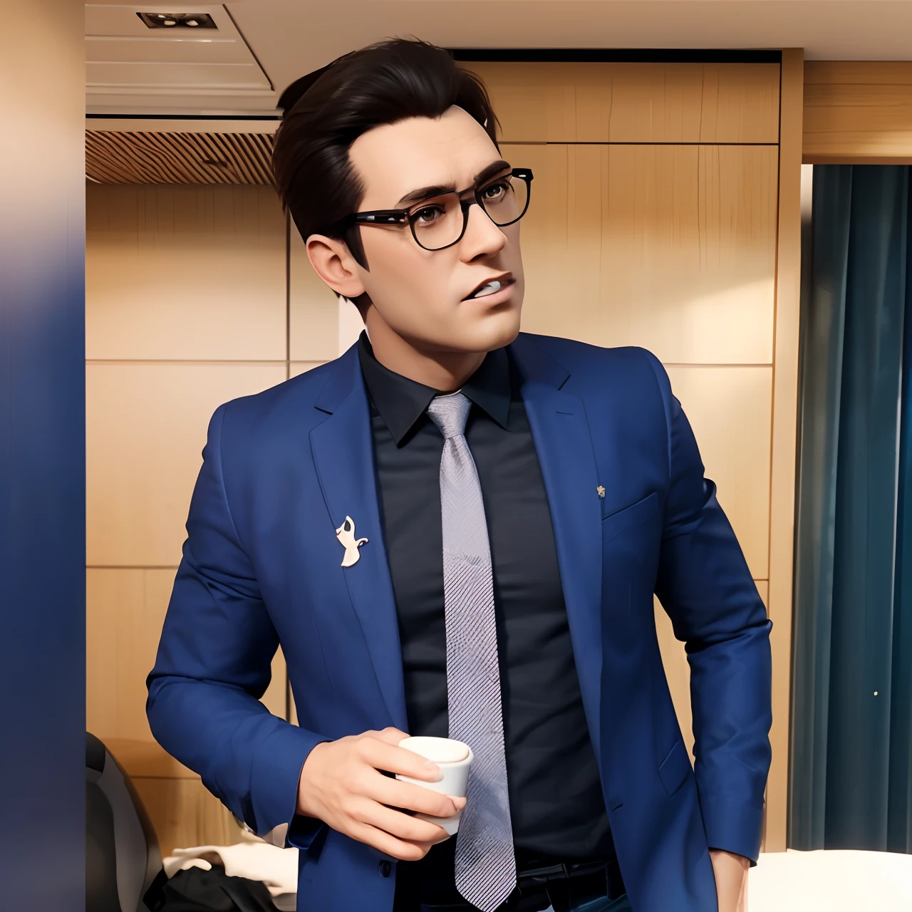 Cartoon character of a man wearing black glasses and a blue shirt, um personagem animado, Caractere estilizado, animation style rendering, 3D estilizado, Arnold Maya render, 3 d render stylized, toon render keyshot, Personagem 3D, Personagem 3D, 3d rendering stylized, 3 d character render, personagem de desenho animado, Personagem de close up, Pose de personagem, (Estilo Pixar) (master part:1.2) (Bokeh) (best quality) (pele detalhada) (textura detalhada) (8k) (argila) (Cinematic lighting) (foco nítido,Senta e vaza a parte superior do corpo