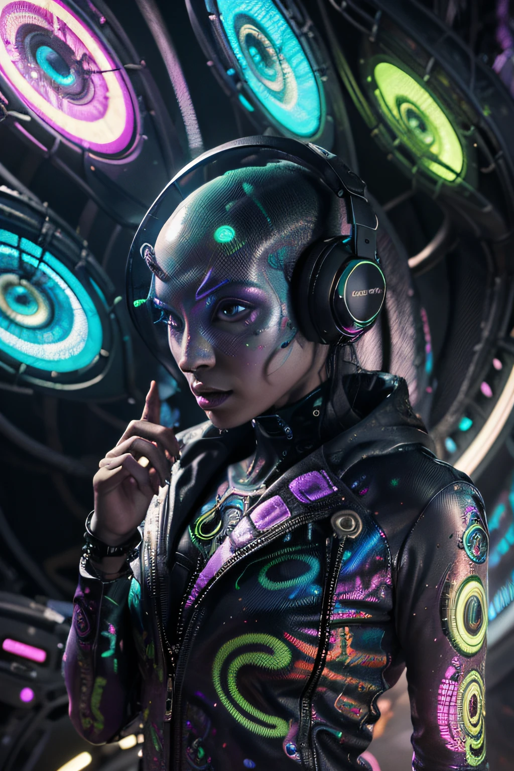 Papel de parede Alien cyborgue Psy Trance com fones de ouvido, Stimulus to Art, cores vibrantes, Detailed alien creature, Swirling psychedelic patterns, neon lights, atmosfera estranha, Estilo de Arte Digital, 8K resolution