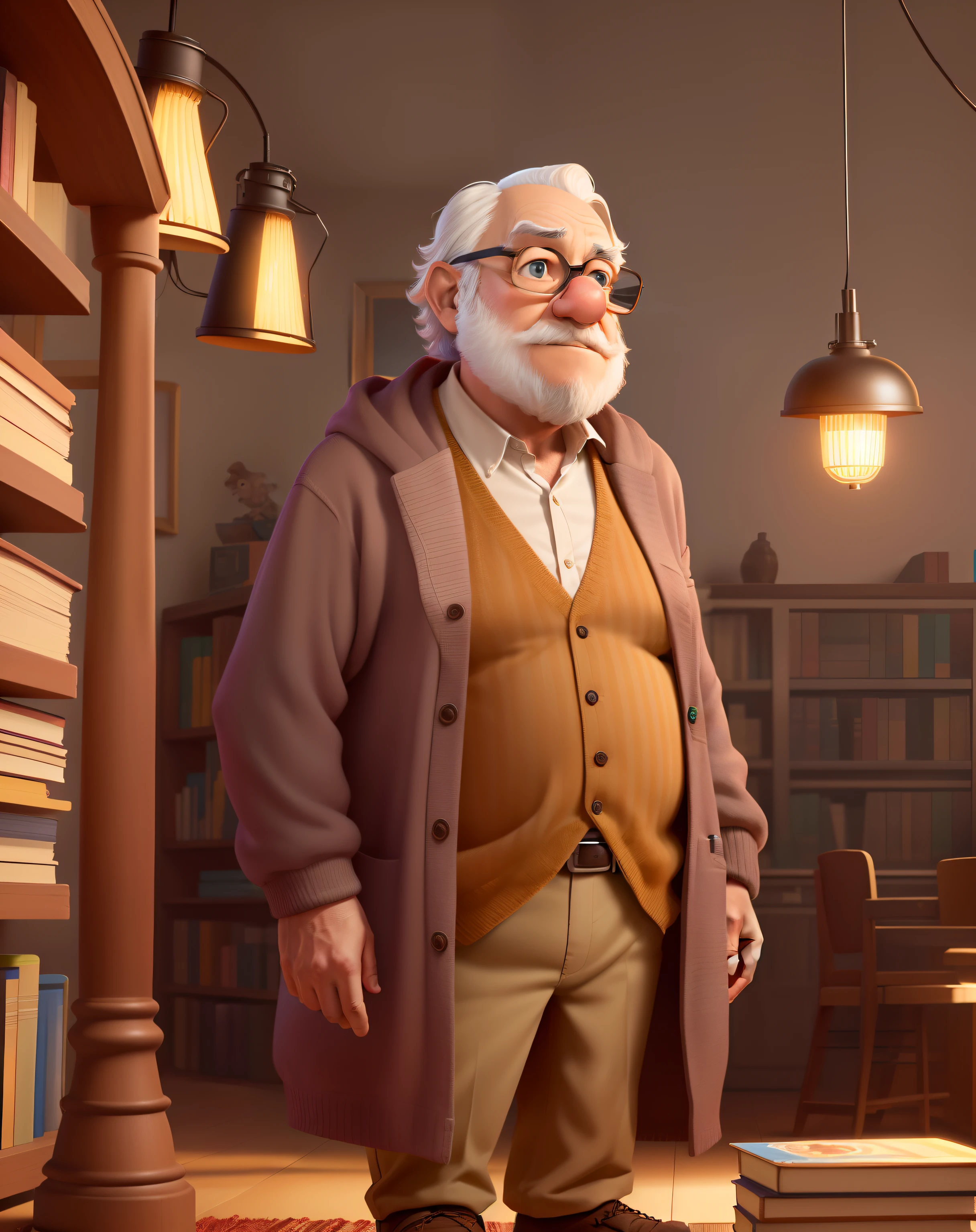 personagem de desenho animado de um homem velho em uma biblioteca com livros, 3d render senior artist, Pixar retrato 8 k foto, pixarman rendering rendering, renderizar na Pixar, Anato Finnstark. Pixar, Como um personagem da Pixar, por Pixar, Da Disney Pixar's Up (2009), design de personagens Pixar, Disney Pixar filme ainda, pixar rendering, personagem Pixar