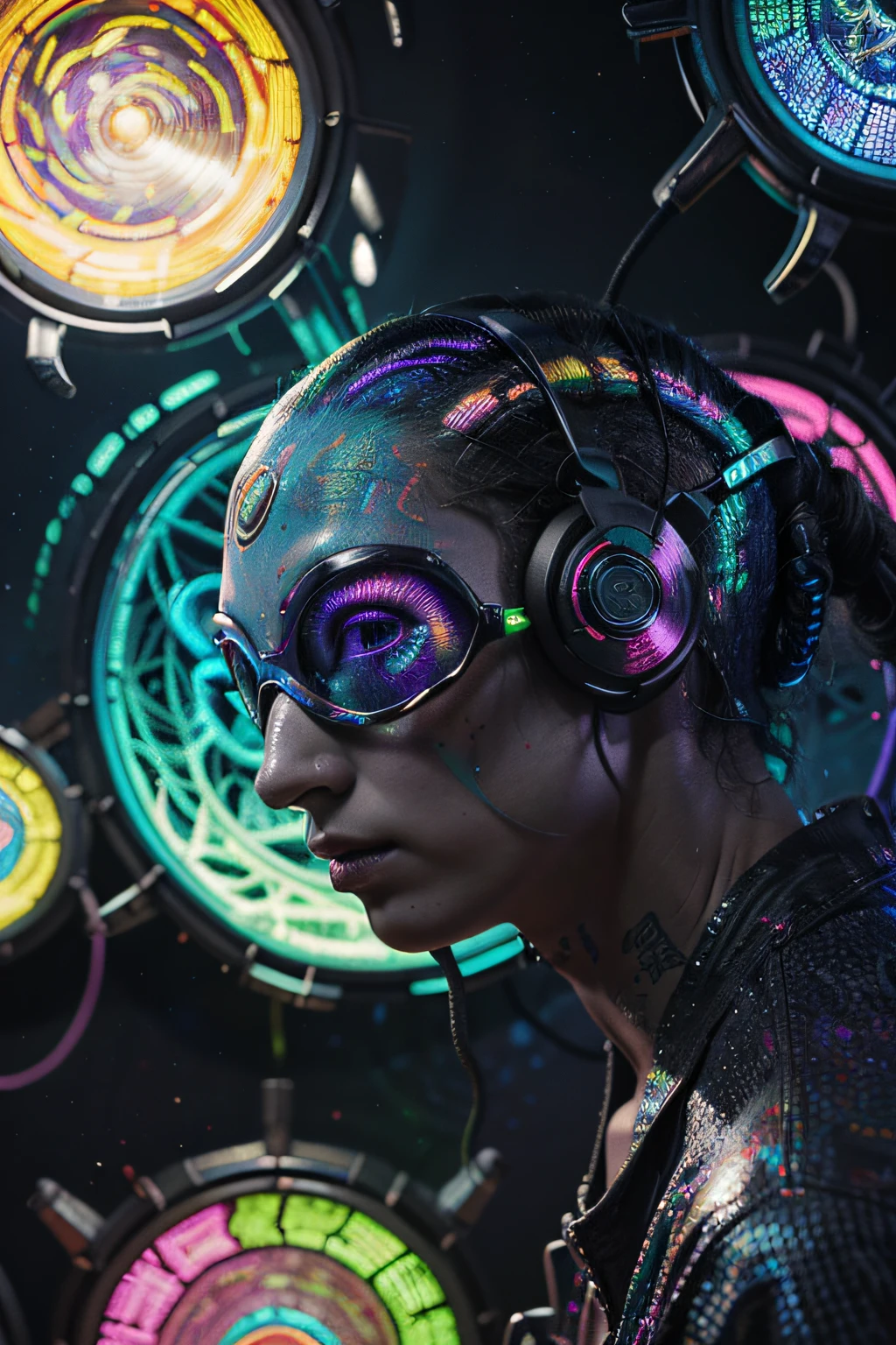 Papel de parede Alien cyborgue Psy Trance com fones de ouvido, Stimulus to Art, cores vibrantes, Detailed alien creature, Swirling psychedelic patterns, neon lights, atmosfera estranha, Estilo de Arte Digital, 8K resolution