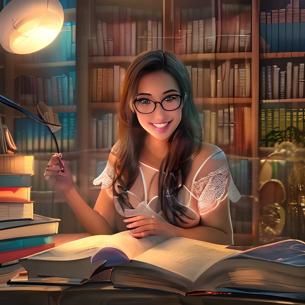 (best quality, highres, ultra-detailed), A very sexy nerd girl (wearing eyeglasses:1.1), studying for the SAT (wearing lingerie), with (tanned skin), (siliconed boobs), and (glow skin), (smut smile), (perfect and polished nails), in a (cozy bedroom) with a (bookshelf filled with textbooks and novels), (soft dim lighting:0.9).