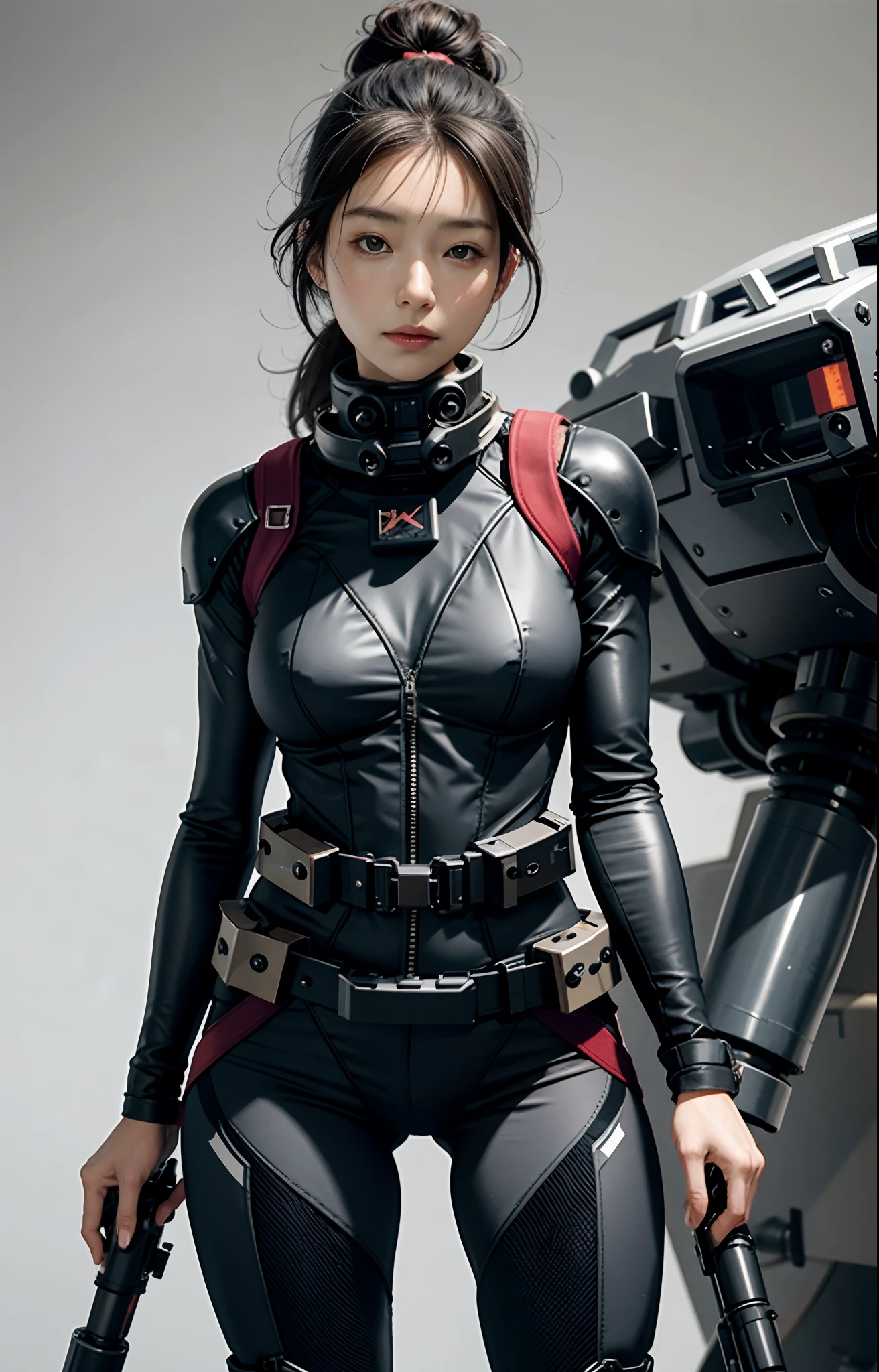 Highest image quality, outstanding details, ultra-high resolution, (realism: 1.4), ((close up:0.75)), highly condensed 1 lady, with beautiful and a delicate face, perfect proportion, aiming the viewer, ((aiming the viewer)), (chubby:0.3, small breasts), (cloths color base ratio black:0.4 white:0.5 other-color:0.1), (wearing rash-guard likes police uniform, black and gray mecha, wearing futuristic-full-face-mask, military harness, holding hich-tech-flamethrower -tank on back), background simple grey wall,