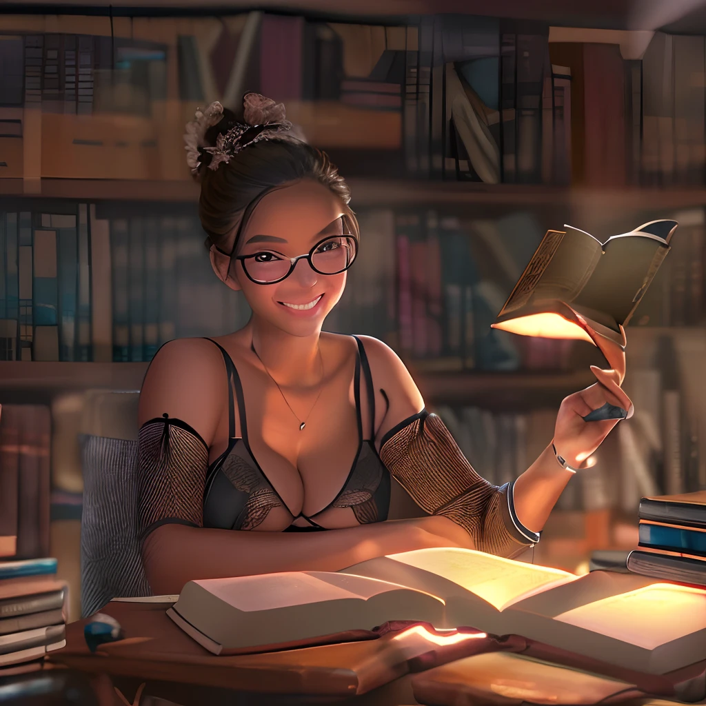 (best quality, highres, ultra-detailed), A very sexy nerd girl (wearing eyeglasses:1.1), studying for the SAT (wearing lingerie), with (tanned skin), (siliconed boobs), and (glow skin), (smut smile), (perfect and polished nails), in a (cozy bedroom) with a (bookshelf filled with textbooks and novels), (soft dim lighting:0.9).