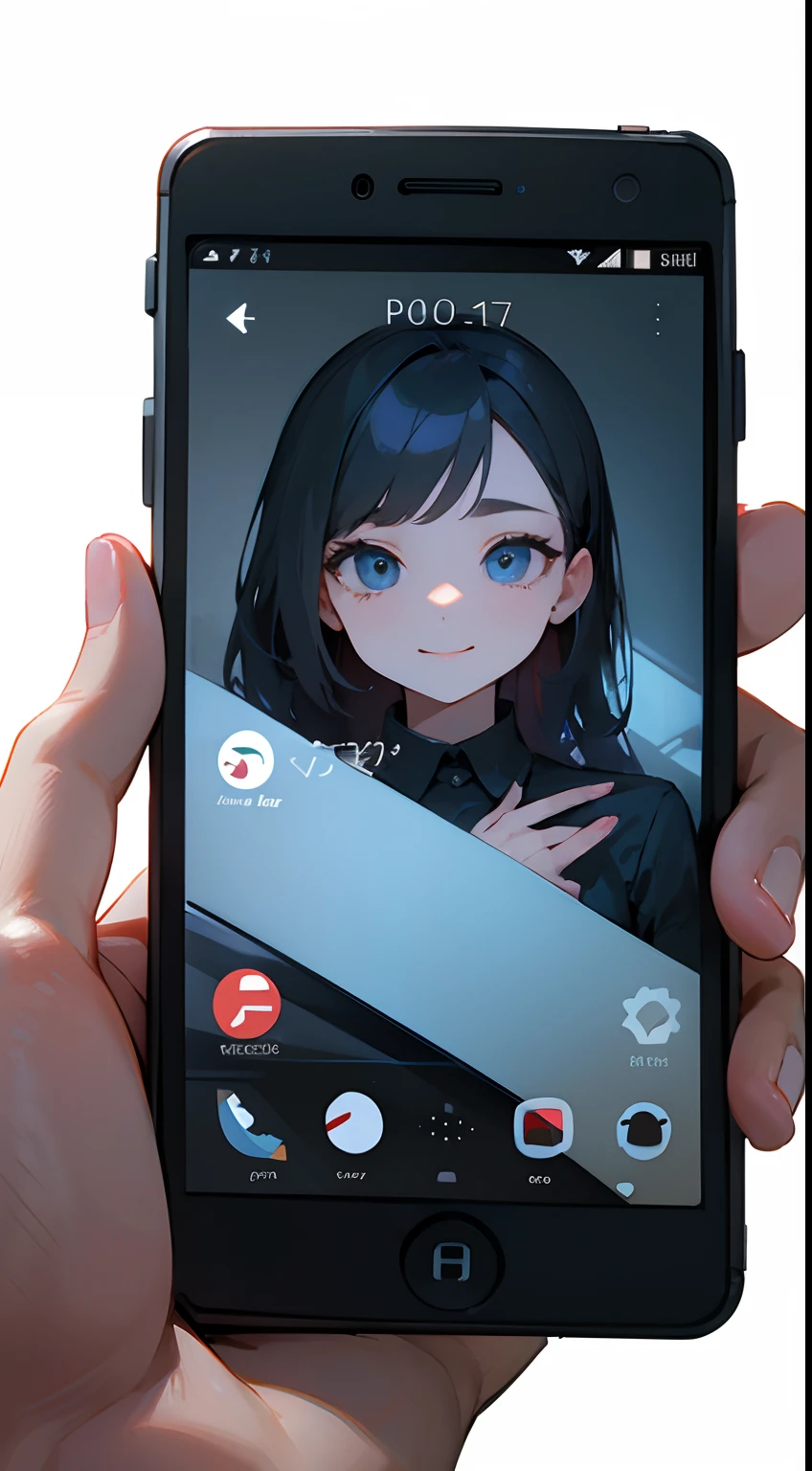 [a hand holding a smartphone, POV, screen, technological, simple, rectangle, white background, , smartphone wallpaper: woman inside a smartphone,youtuber, perfect face, expressive eyes,photo,smilling, black shirt, perfect anatomy:8]