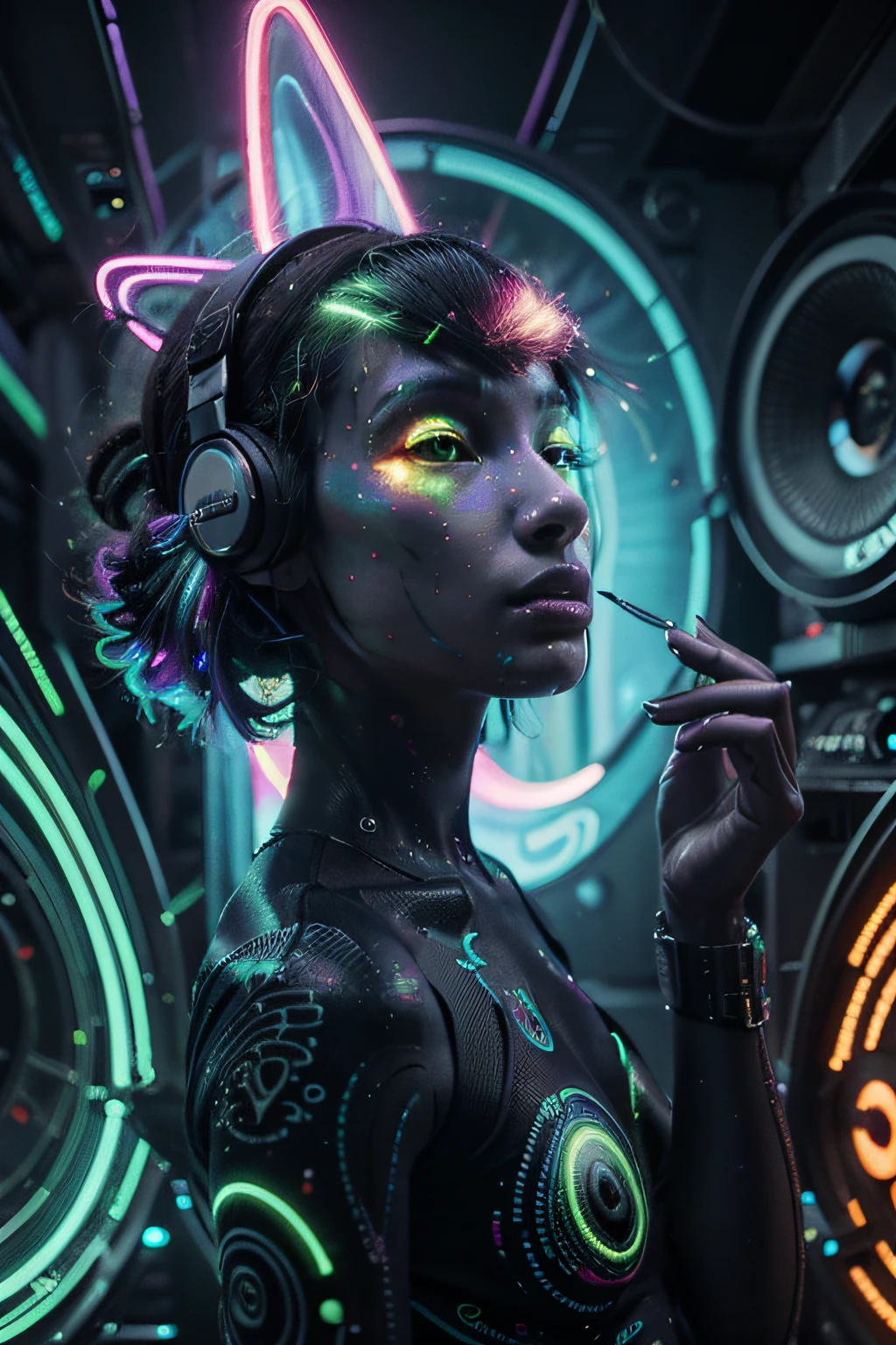 Papel de parede Alien cyborgue Psy Trance com fones de ouvido, Stimulus to Art, cores vibrantes, Detailed alien creature, Swirling psychedelic patterns, neon lights, atmosfera estranha, Estilo de Arte Digital, 8K resolution
