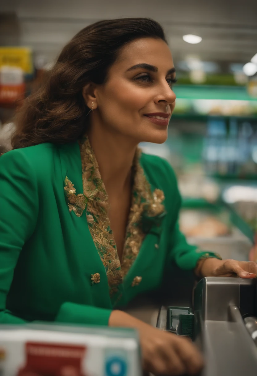 mulher sorridente em uma jaqueta verde em uma loja com um ventilador, at the counter, Malika Favre, taken in the early 2020s, ficou em um supermercado, Foto de perfil, Alanis Guillen, foto do perfil, looking to the side off camera, lindamente iluminado, imagem de perfil, olhando para o lado, looking away from camera, foto de perfil
