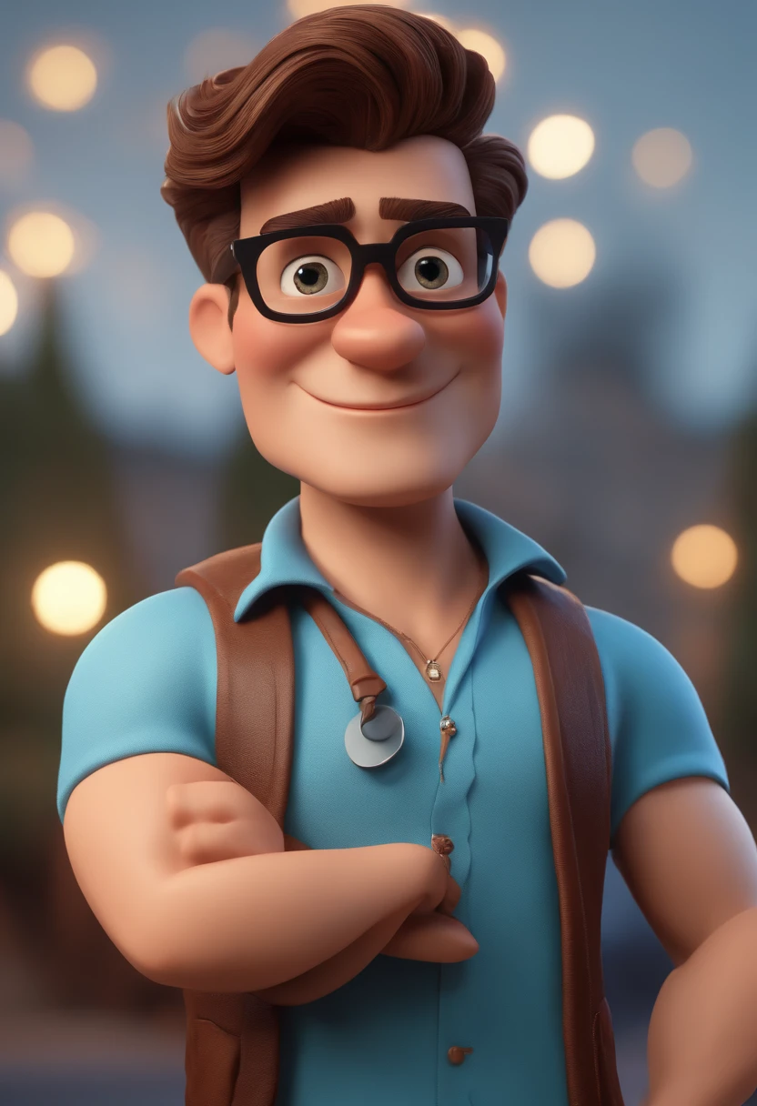 Cartoon character of a man with black glasses and a blue shirt, animation character, Caractere estilizado, animation style rendering, 3D estilizado, Arnold Maya render, 3 d render stylized, toon render keyshot, Personagem 3D, Personagem 3D, 3d rendering stylized, 3 d character render, personagem de desenho animado, Personagem de close up, Pose de personagem, (Estilo Pixar) (master part:1.2) (Bokeh) (best quality) (pele detalhada) (textura detalhada) (8k) (argila) (Cinematic lighting) (foco nítido