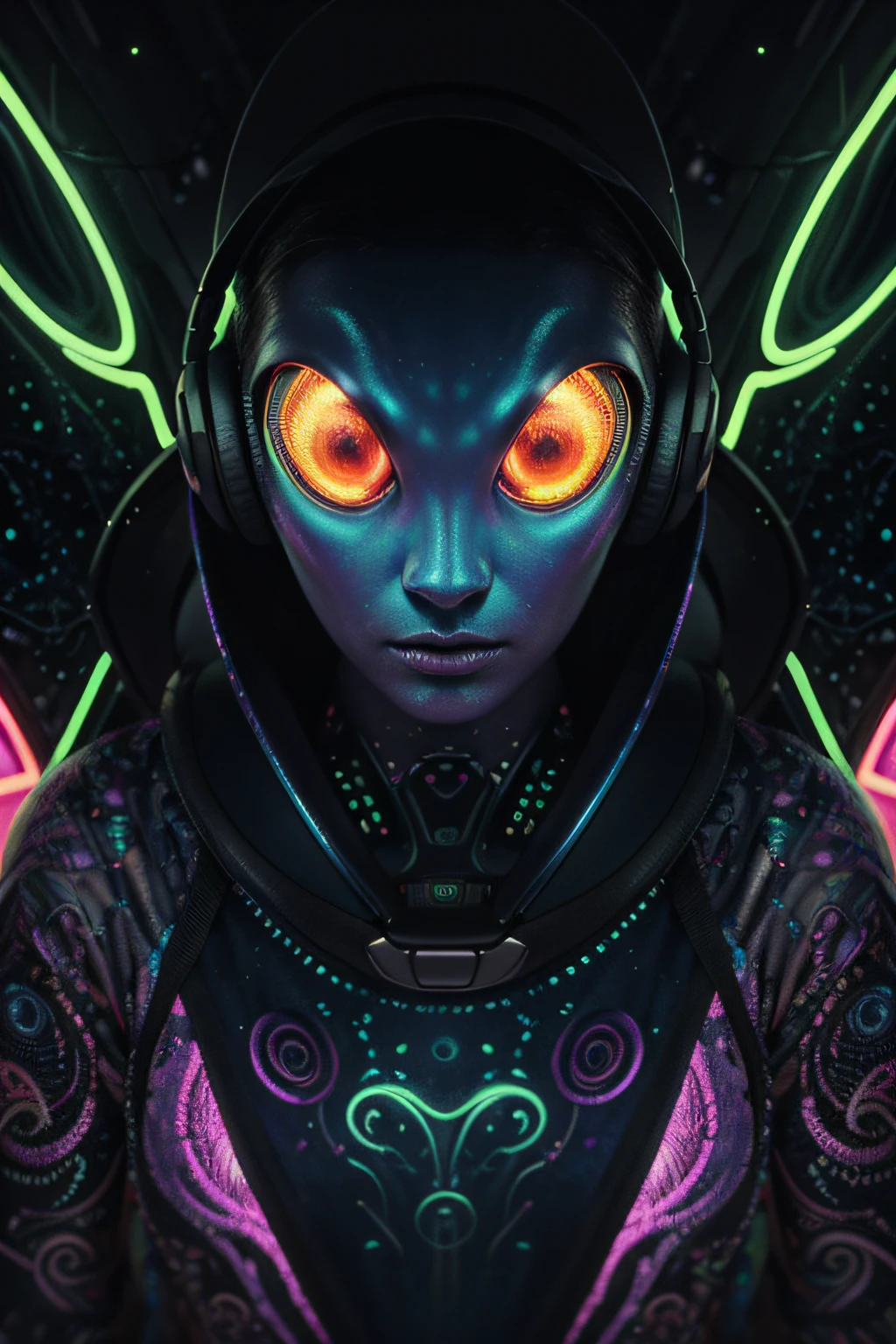 Papel de parede Alien Psy Trance com fones de ouvido, Stimulus to Art, cores vibrantes, Detailed alien creature, Swirling psychedelic patterns, neon lights, atmosfera estranha, Estilo de Arte Digital, 8K resolution