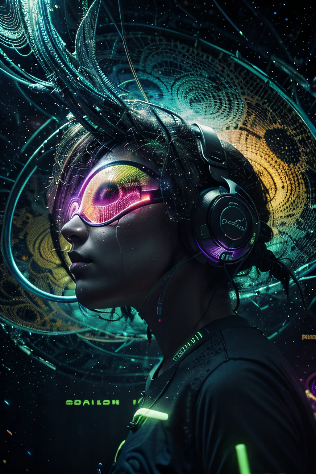Papel de parede Alien Psy Trance com fones de ouvido, Stimulus to Art, cores vibrantes, Detailed alien creature, Swirling psychedelic patterns, neon lights, atmosfera estranha, Estilo de Arte Digital, 8K resolution