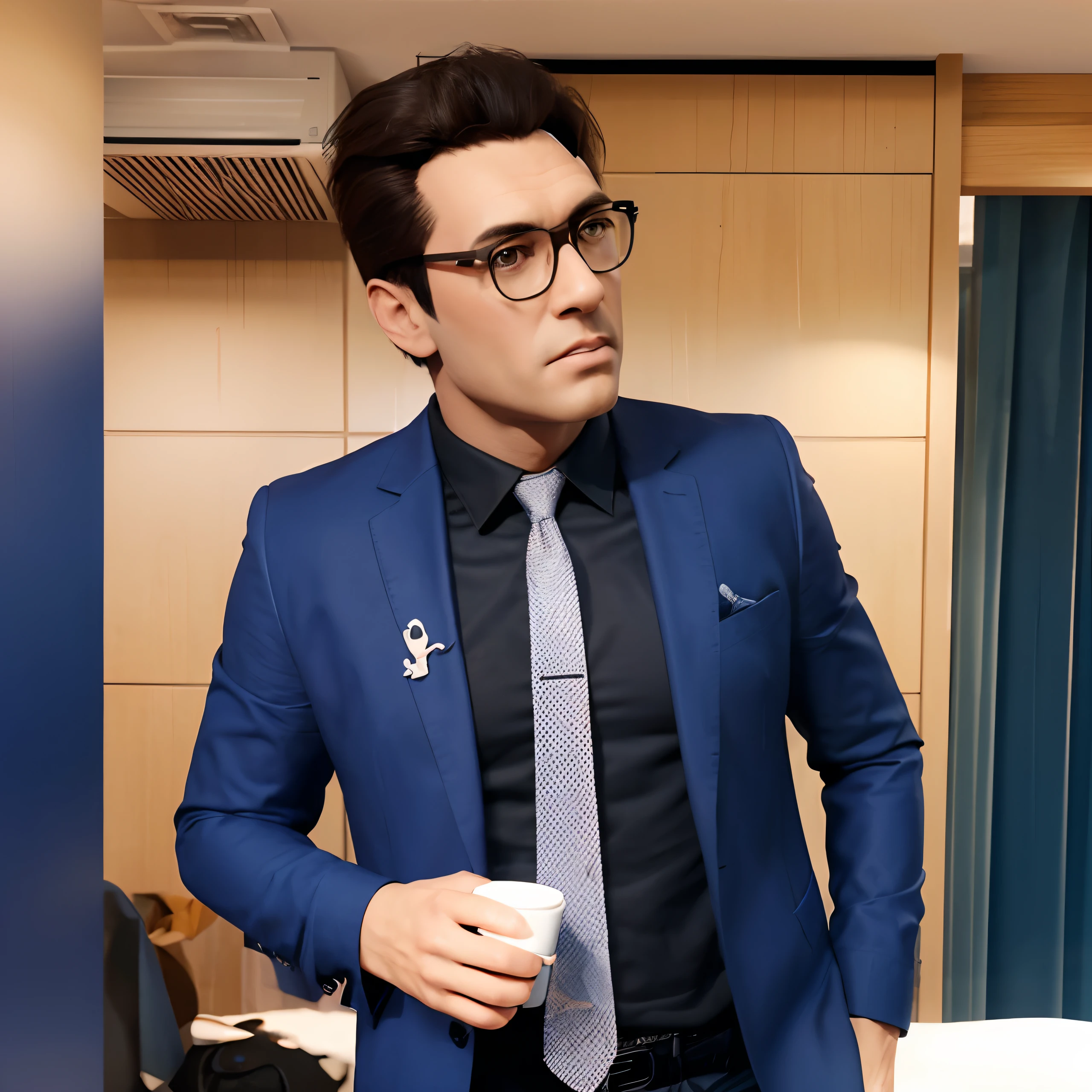 Cartoon character of a man wearing black glasses and a blue shirt, um personagem animado, Caractere estilizado, animation style rendering, 3D estilizado, Arnold Maya render, 3 d render stylized, toon render keyshot, Personagem 3D, Personagem 3D, 3d rendering stylized, 3 d character render, personagem de desenho animado, Personagem de close up, Pose de personagem, (Estilo Pixar) (master part:1.2) (Bokeh) (best quality) (pele detalhada) (textura detalhada) (8k) (argila) (Cinematic lighting) (foco nítido，Senta e vaza a parte superior do corpo