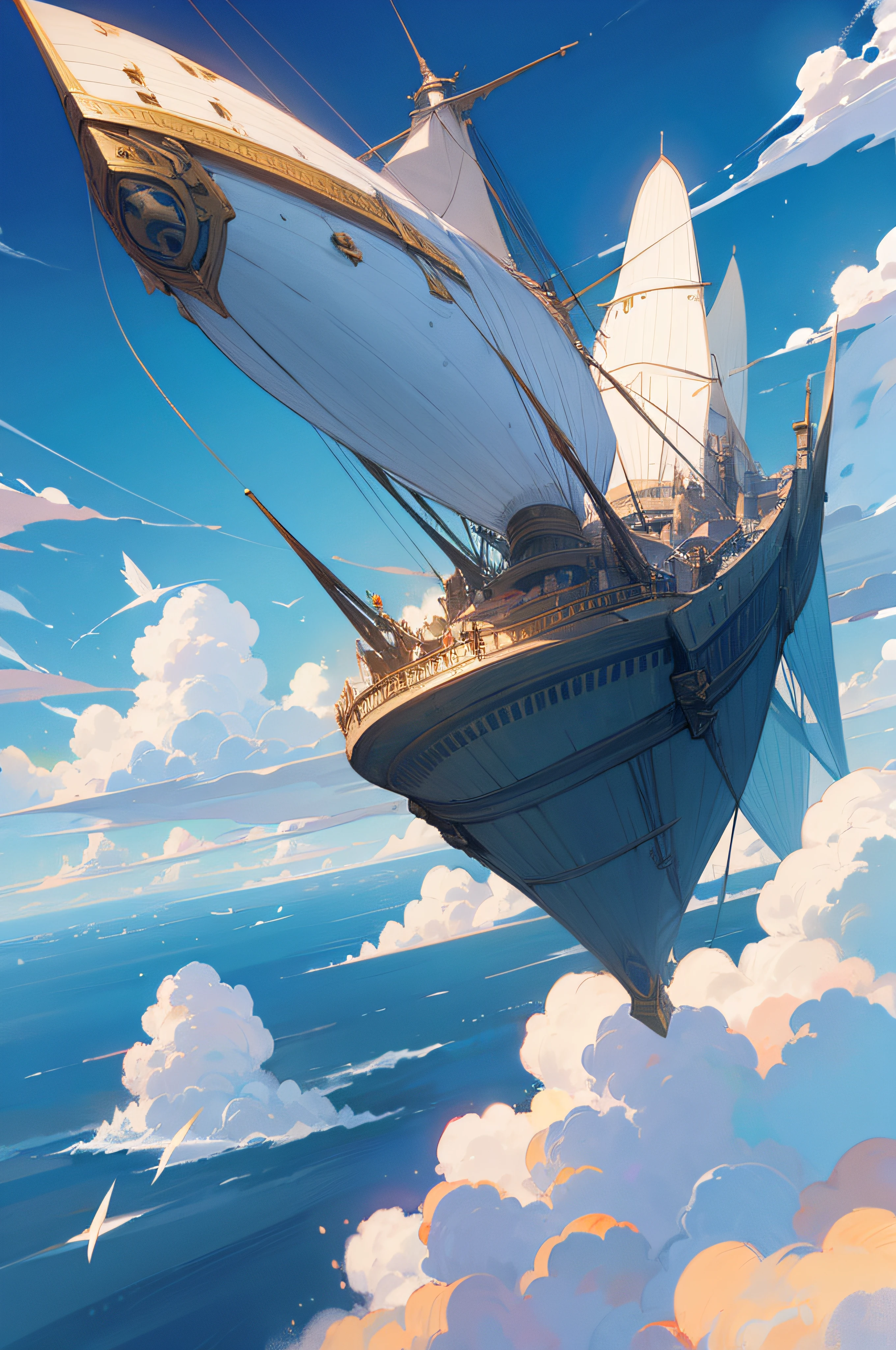 The flying airship from Final Fantasy IV, surrounded by clouds in a blue sky