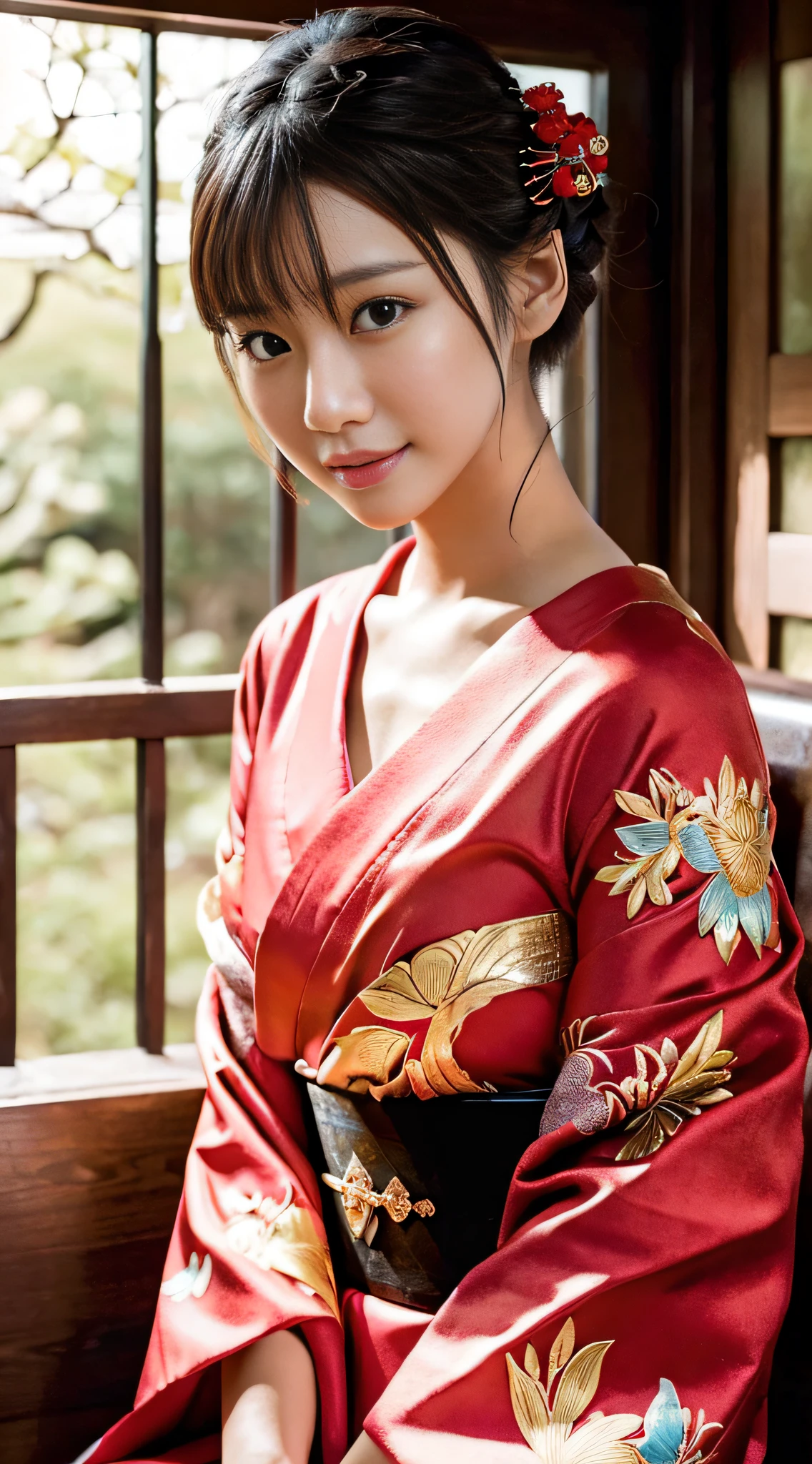 (Photorealsitic:1.4), (Top image quality:1.0), (超A high resolution:1.0), 8K, Raw photography, (​masterpiece:0.2), (pureerosface_v1:0.5)、(Best Quality Detail:1.2)、realisitic、8K UHD、hight resolution、(1girl in:1.2)、The ultra-detailliert、High quality textures、intricate detailes、detaileds、Very detailed CG、High quality shadows、Detail Beautiful delicate face、Detail Beautiful delicate eyes、depth of fields、Ray traching,1girl in, japanaese girl, Cute,Natural face、 slender, Black kimono, Kimono with Japanese pattern,Floral scrunchie, Beautiful skin, Facing the front,Sit down, Sit upright and say thank you,Align your hands elegantly,Smile faintly The Land of Japan,Japanese garden,Luxury Japanese-style room, skyporn, Magic Hour, (Realistic:1.3), Finely detailed, quality, (masutepiece:1.2), (Photorealistic:1.2), (Best Quality), (Intricate details), Dramatic, Ray tracing, photograph, +Lola、off shoulders、A sexy