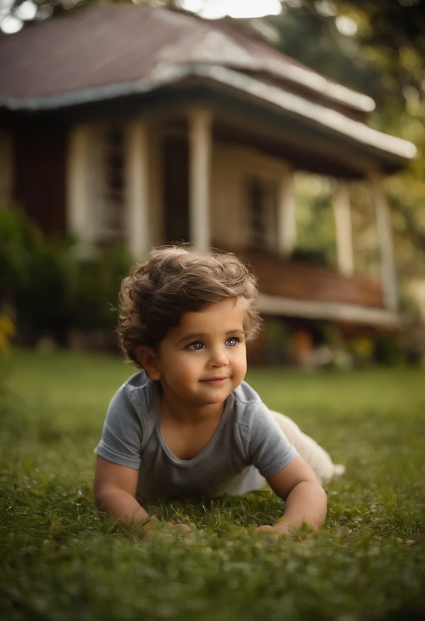 menino: Miguel, aproximadamente 5 anos de idade, cabelo curto estilo Disney, olhos castanhos e sorrisos. garota: Giovana, 2 anos, longos cabelos pretos e olhos azuis. scenecy: Miguel and Giovana are in a cozy little house in the valley, ao fundo um dia ensolarado, Destacando o Sol.