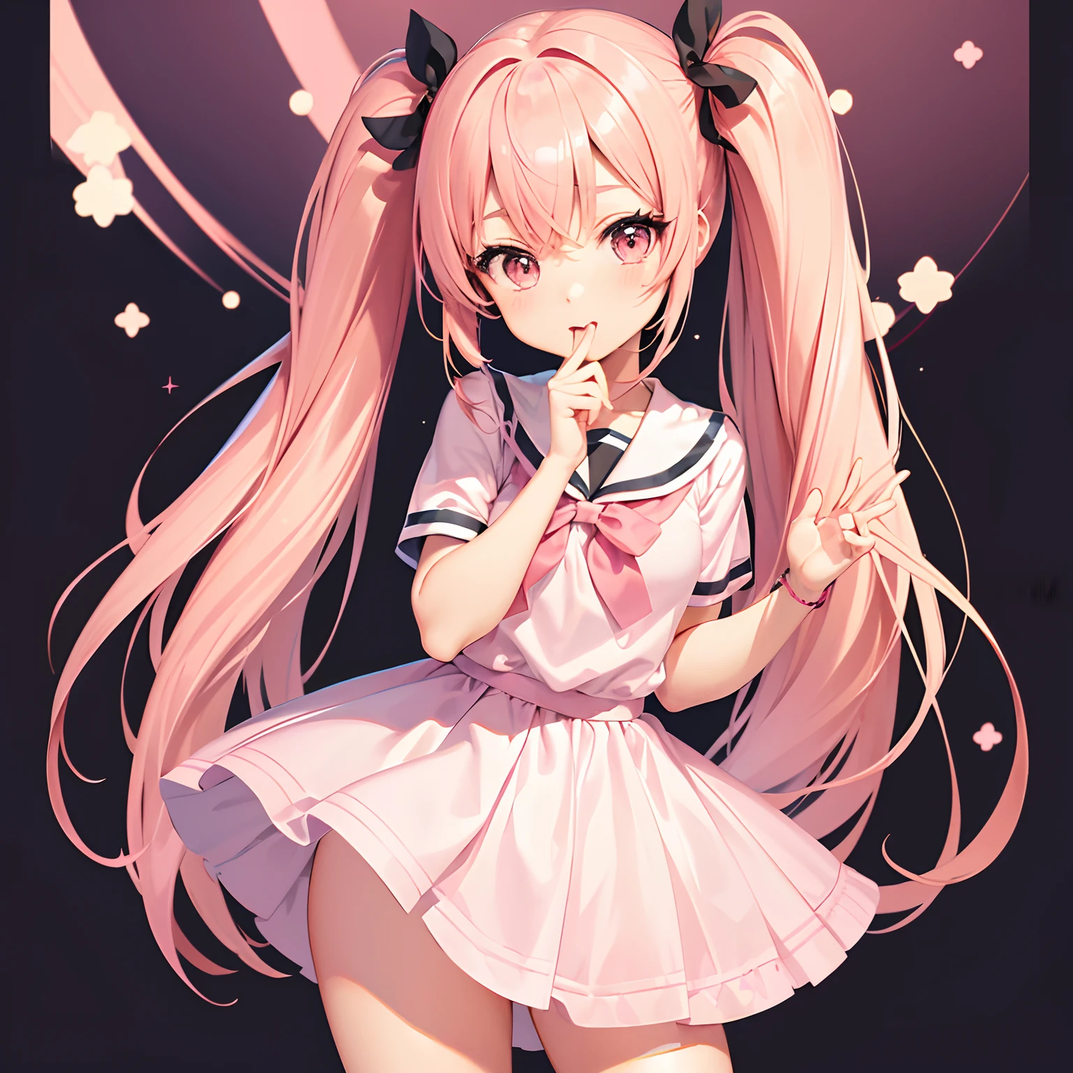 Very cute and (Beautiful Chibi Anime Girl), Solo, Simple background, Beautiful twin tails*Pink* hair, Beautiful detailed *Pink* High School Uniform, Full body, Standing, high detailed face and *Pink* Eyes, Clearly outlined