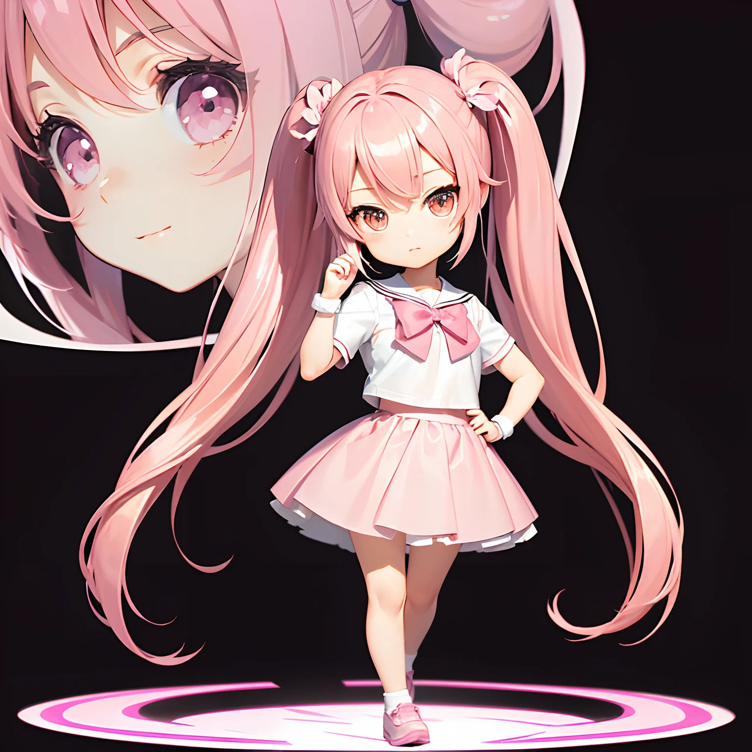 Very cute and (Beautiful Chibi Anime Girl), Solo, Simple background, Beautiful twin tails*Pink* hair, Beautiful detailed *Pink* High School Uniform, Full body, Standing, high detailed face and *Pink* Eyes, Clearly outlined