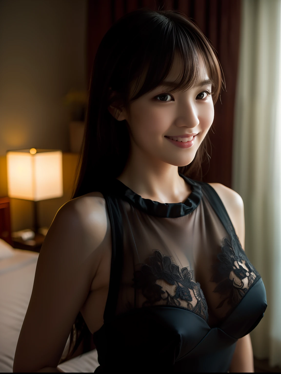 ((masterpiece))、((top-quality))、a picture、Realisticity、high-level image quality、Advanced depth of field、ultra-detailliert、Realistic lighting、married woman、in her 20s、Delicate facial features、Semi-long、dishevled hair、Realistic backgrounds and accessories、large full breasts、Sexy smile、a captivating gaze、natta、Dark、Hotel bedroom、indirect lighting、Black Lace Nightgown、see -through、a closeup、bustshot、Pitch black room、Table light only、((Aifu Shinozaki))、very soft udder、