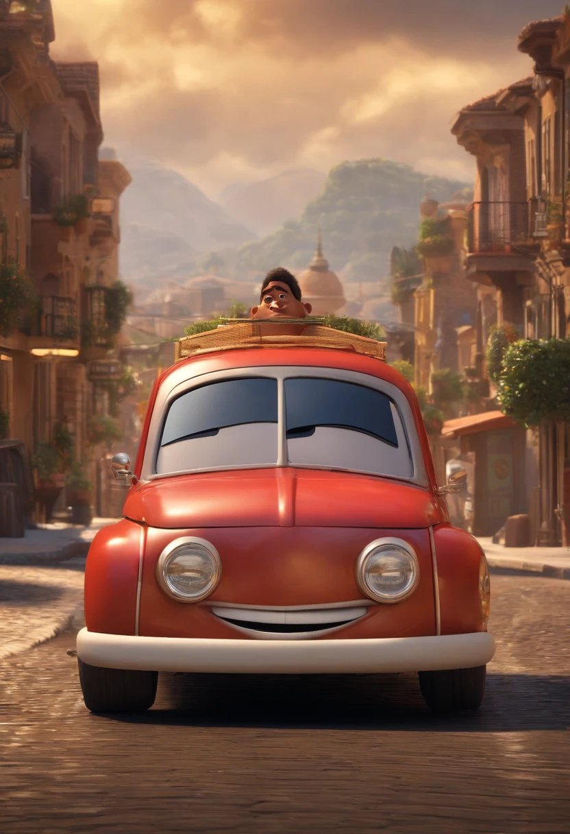 A city councilman looking at a dream project inspired by Pixar animation, de perto. The character takes center stage with captivating facial expressions, oferecendo um toque de irrealidade. (Homem negro de cabelo curto) Pelé Moreno ,com barca cheia, olhos castanhos escuros. Com fundo de carro de aplicativo em 3D Pixar com muito alta qualidade e nitidez. Com balo muito curto 33 years old He is a ride-hailing driver. Tudo com muita qualidade Pixar Disney.