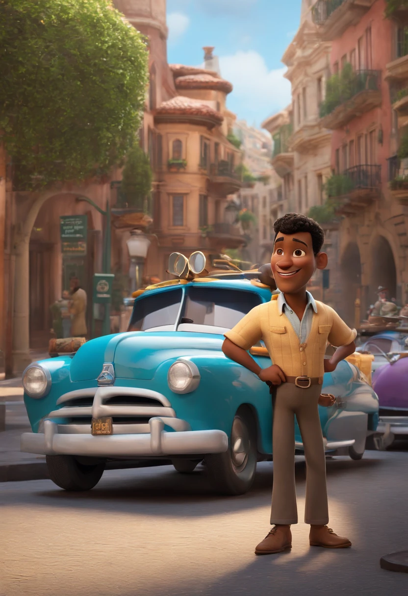 A city councilman looking at a dream project inspired by Pixar animation, de perto. The character takes center stage with captivating facial expressions, oferecendo um toque de irrealidade. (Homem negro de cabelo curto) Pelé Moreno ,com barca cheia, olhos castanhos escuros. Com fundo de carro de aplicativo em 3D Pixar com muito alta qualidade e nitidez. Com balo muito curto 33 years old He is a ride-hailing driver. Tudo com muita qualidade Pixar Disney.