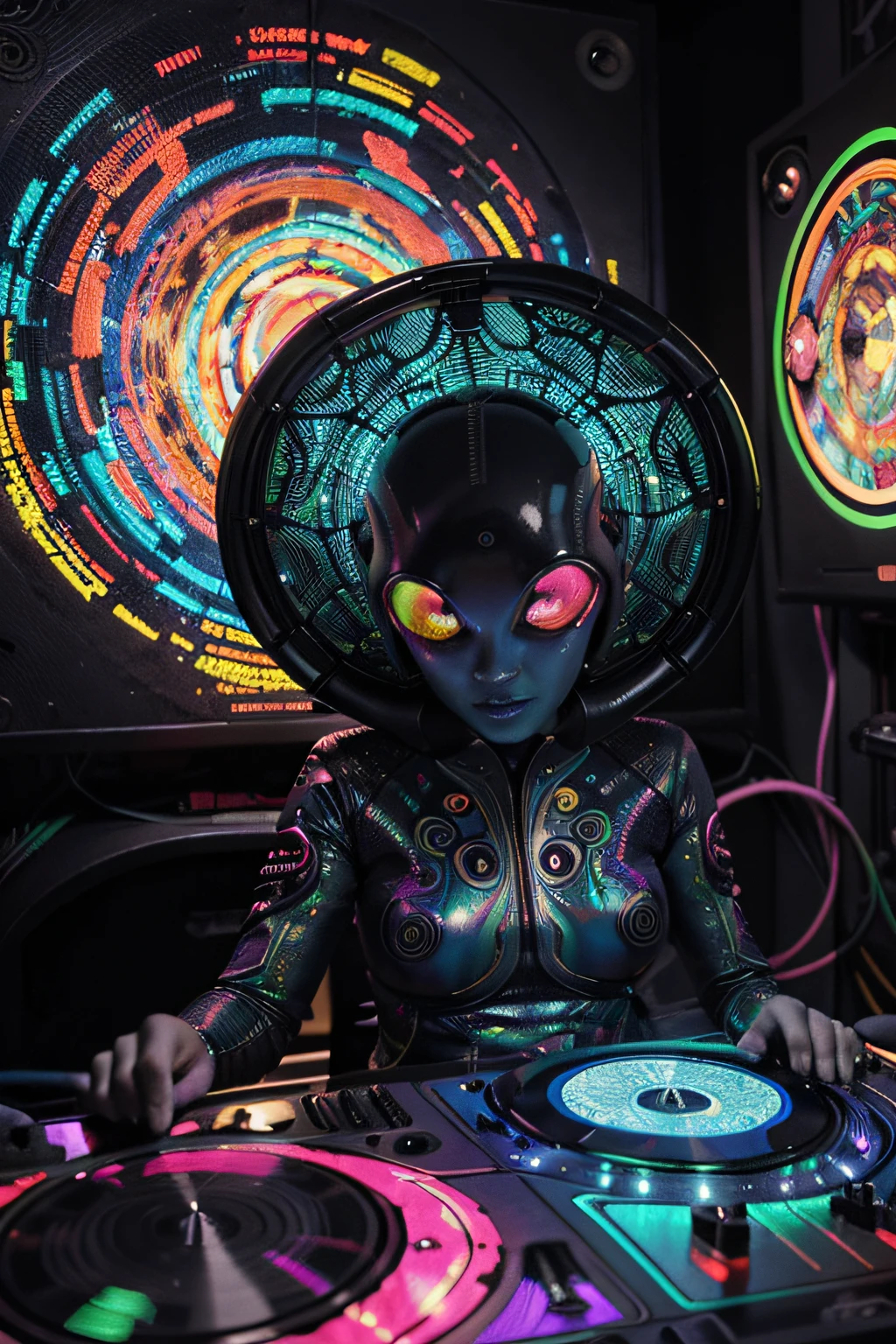 alien monster DJ, exposed brain, many mushrooms growing from brain, lsd trippy, bioluminescence