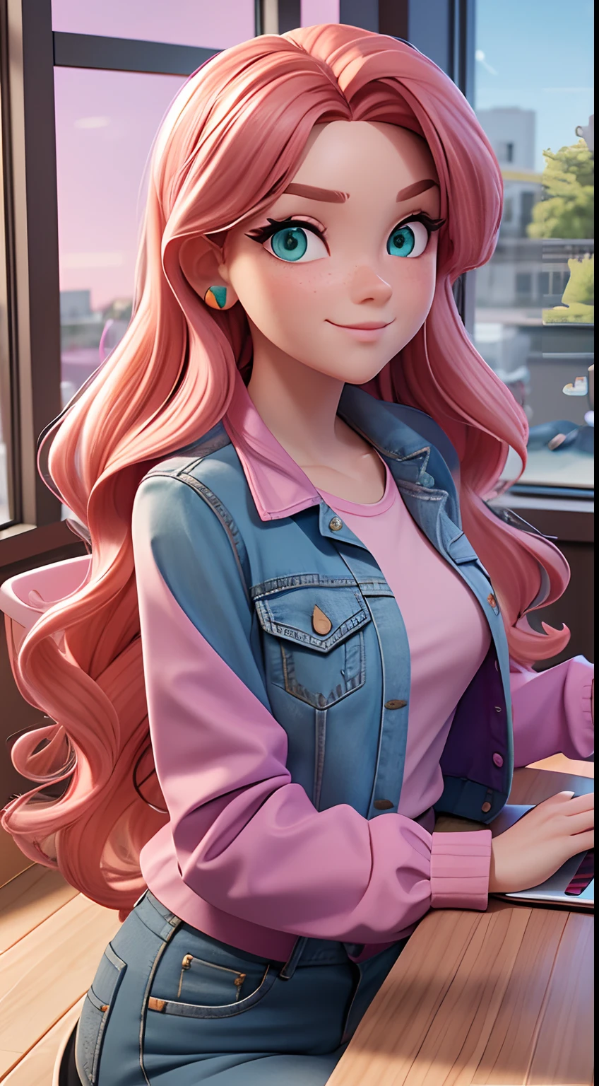 Pixar style, 3D, Caucasian girl, with straight wavy hair, long red hair with pink streaks, green eyes, wearing a black blouse and pastel purple denim jacket, sitting at the work desk, holding a tablet and a touch pen, modern home office setting and colorful.