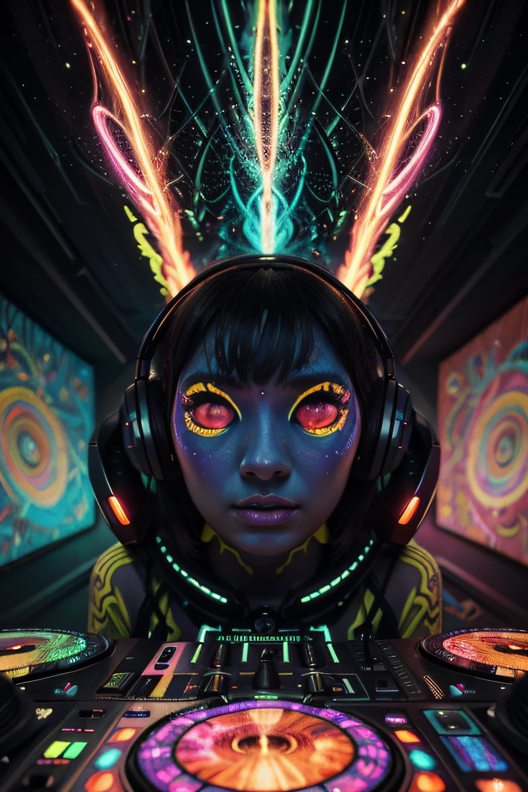 Papel de parede Alien DJ Psy Trance, ciborgue , Stimulus to Art, cores vibrantes, Detailed alien creature, Swirling psychedelic patterns, neon lights, atmosfera estranha, Estilo de Arte Digital, 8K resolution