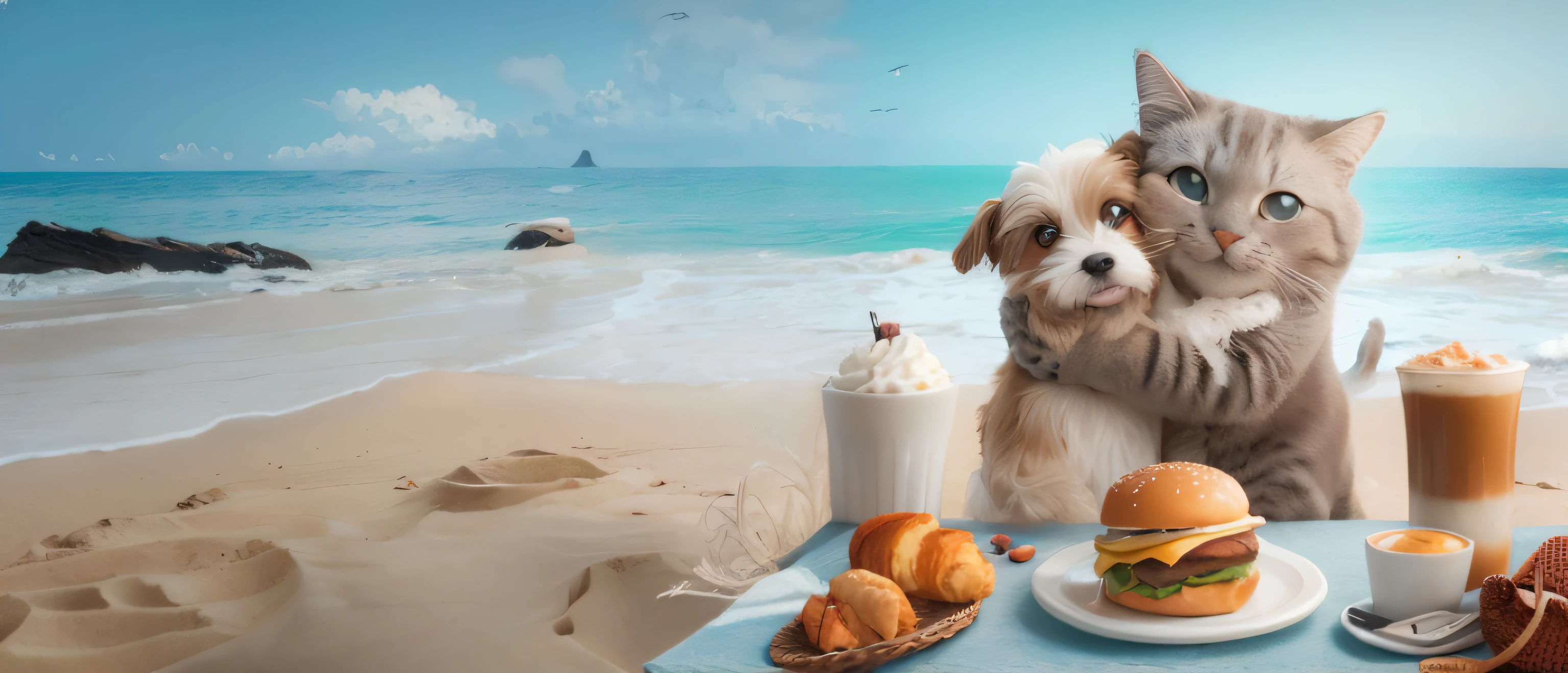 en una playa, hay un gato y un perro abrazados y sentados en una mesa con hamburguesa, Coffee and Butter Chips.  Estilo fotorrealista, super realistic food picture, highly detailed composition, Render 3D y pintura mate, Estilo fotorrealista, Escena realista, Toma de retrato, fantasy matte painting，Lindo, Foto hipperealista, Comercial de alimentos 4K, 3 d cg, CG 3D