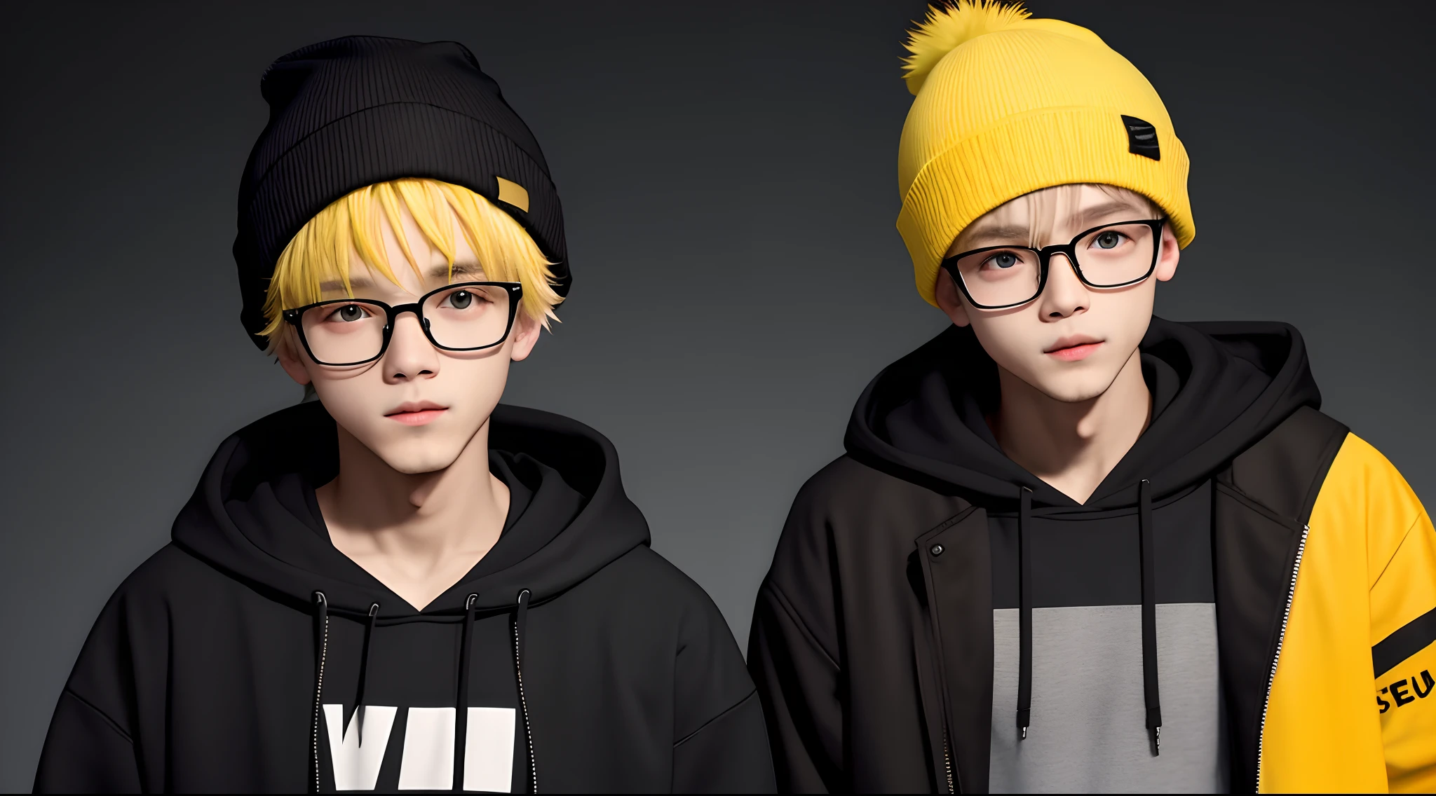 The boy is wearing a black hoodie and has an "advisory" written on the chest of the jacket, and the boy is wearing a gray beanie hat and wearing round black glasses and has yellow hair.