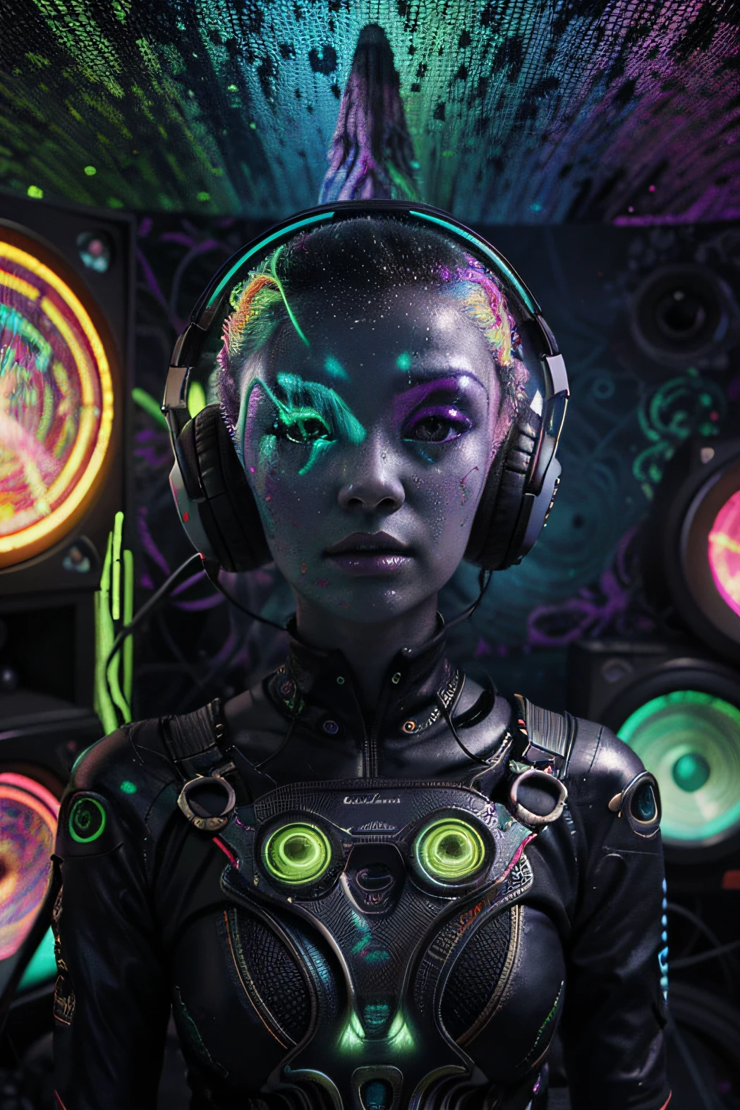 Papel de parede Alien Psy Trance com fones de ouvido, Stimulus to Art, cores vibrantes, Detailed alien creature, Swirling psychedelic patterns, neon lights, atmosfera estranha, Estilo de Arte Digital, 8K resolution