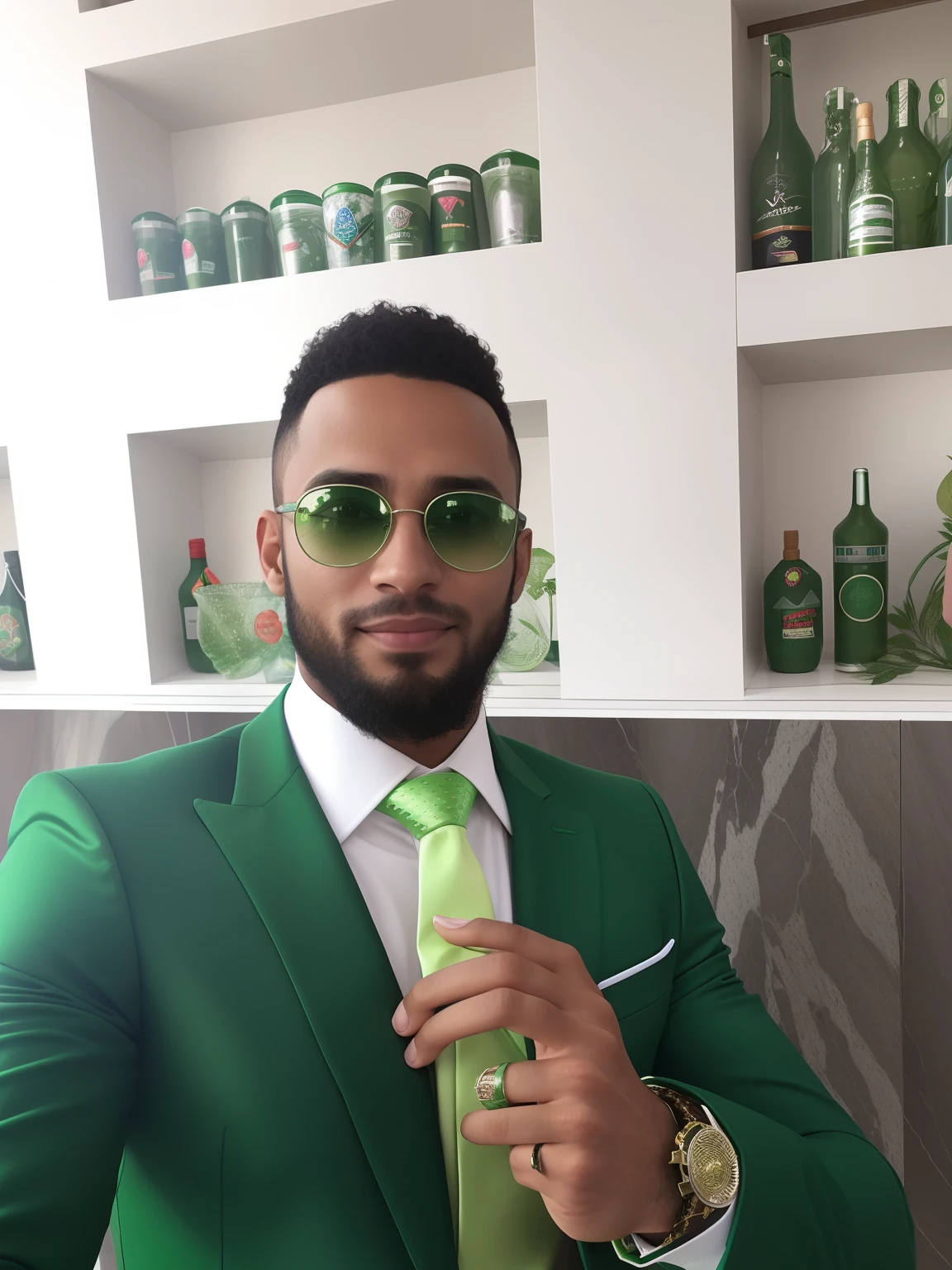 There's a man in a green suit and tie holding a green tie, vestindo terno verde, terno verde e gravata borboleta, vestindo roupas verdes, vestindo verde, competition winning, pele de cor verde!!, vestindo apenas um manto verde, foto de perfil profissional, com uma bebida, vestindo jaqueta verde, Masterpice, vestido com um manto verde, pele verde!