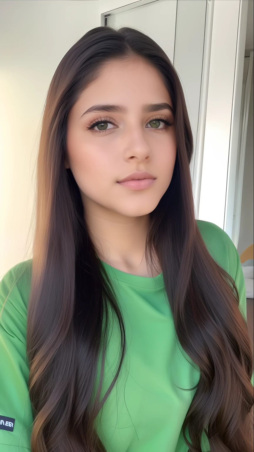 there is a woman with long hair and a green shirt, Violeta Myers, Kailee Mandel, com olhos verdes, Kaitlyn Michelle Siragusa, mulher nova com cabelo escuro longo, 2 Modelo feminina de 4 anos, imagem de qualidade muito baixa, foto de perfil headshot, olhar sensual, ela tem cerca de 1 6 anos de idade, com olhos verdes deslumbrantes